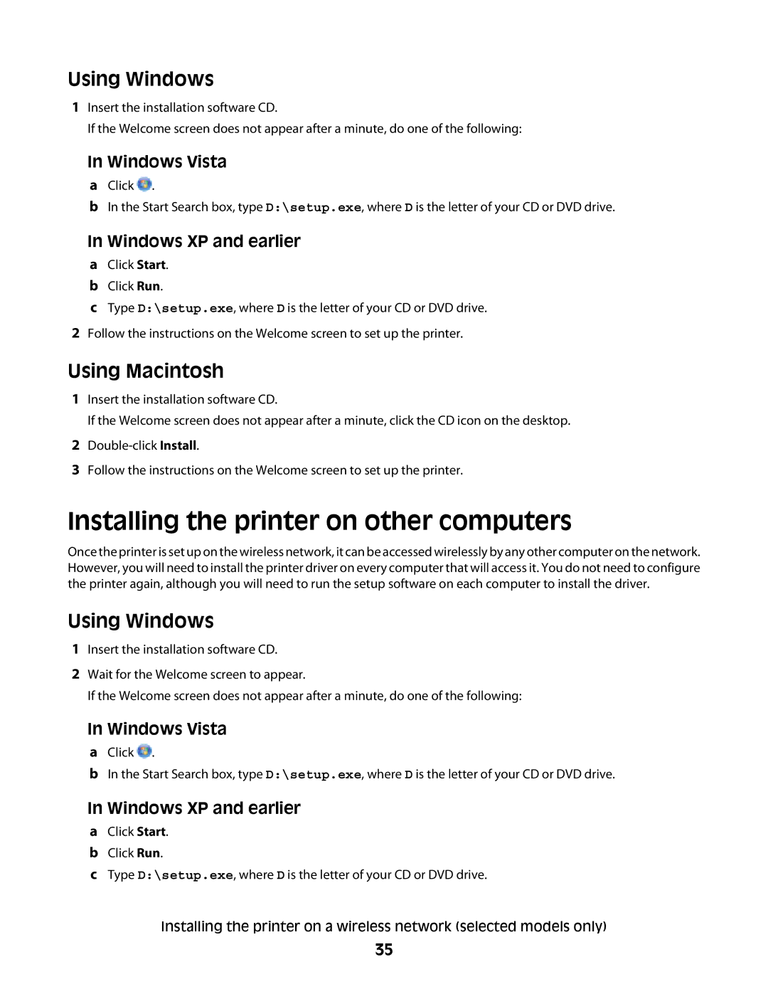 Lexmark 4900 Series manual Installing the printer on other computers, Using Windows, Using Macintosh, Windows Vista 