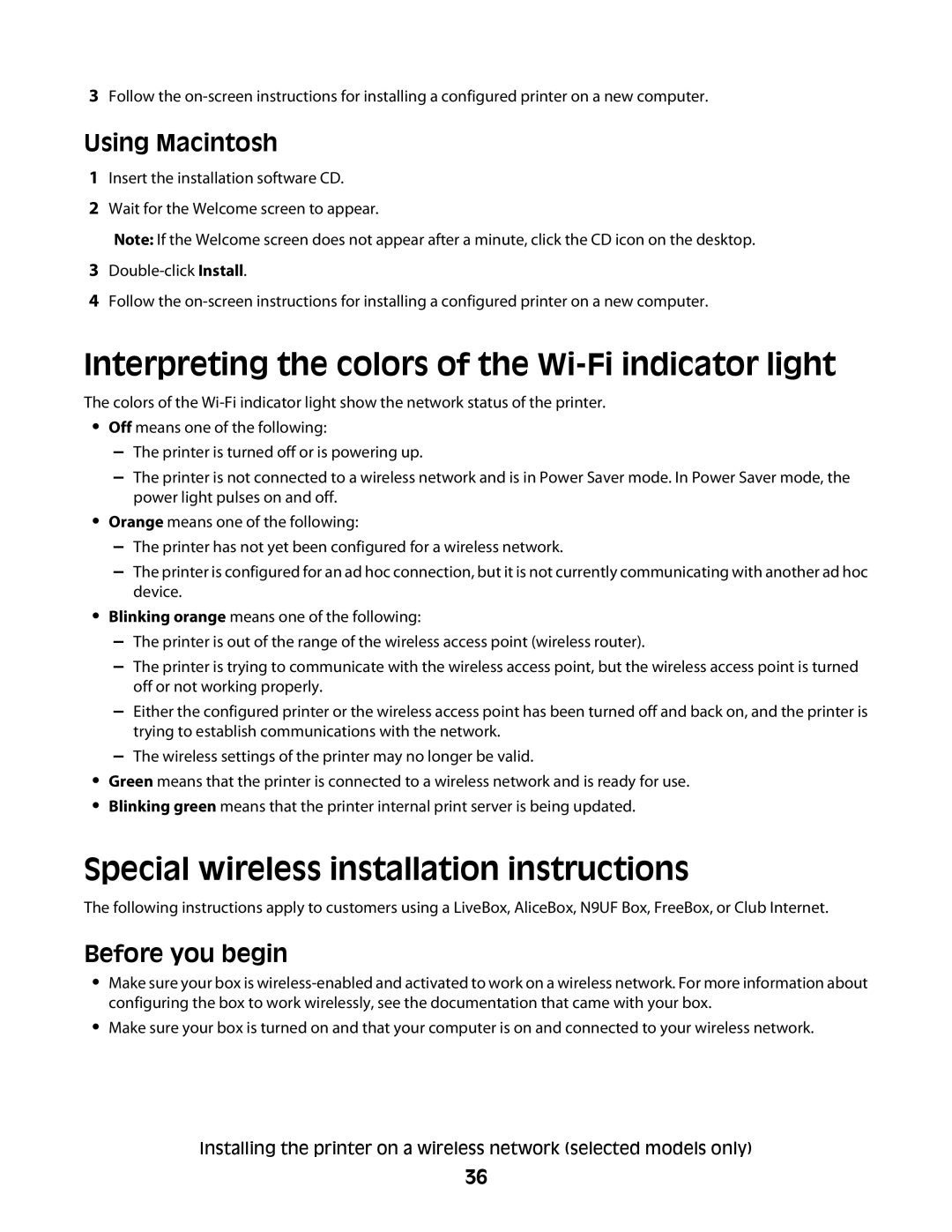 Lexmark 4900 Series manual Interpreting the colors of the Wi-Fi indicator light, Special wireless installation instructions 