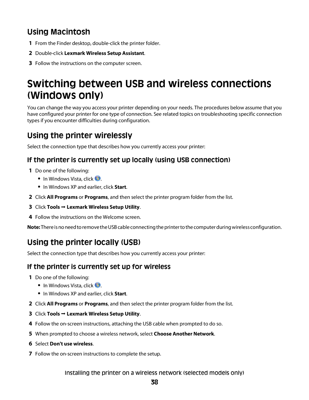 Lexmark 4900 Series manual Switching between USB and wireless connections Windows only, Using the printer wirelessly 