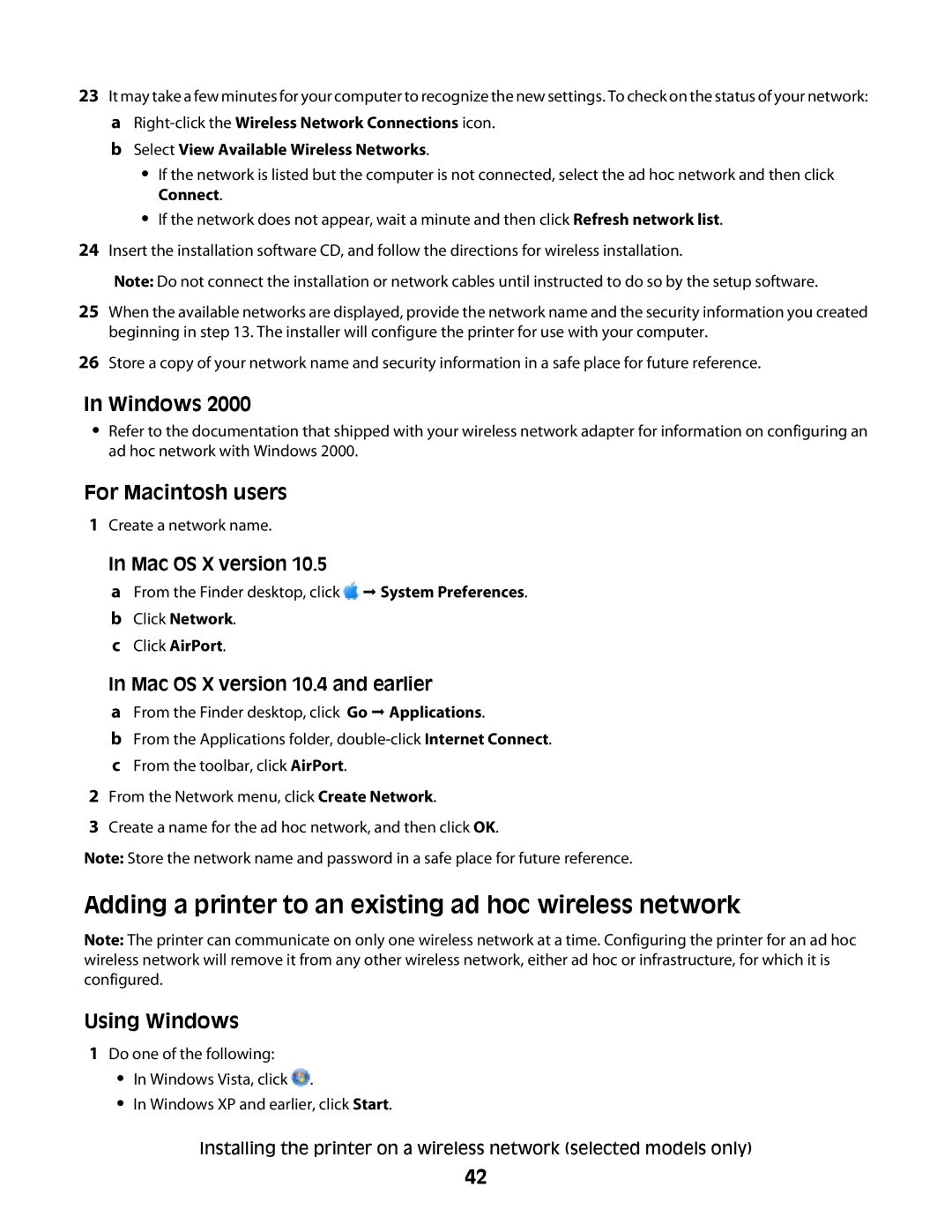 Lexmark 4900 Series manual Adding a printer to an existing ad hoc wireless network, Windows, For Macintosh users 