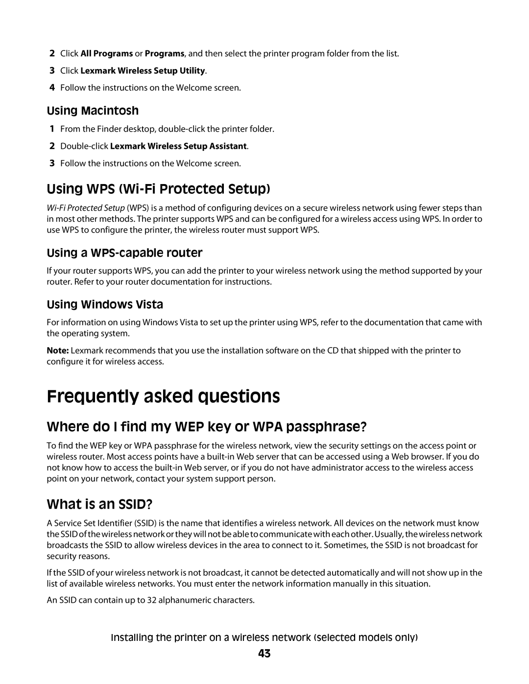 Lexmark 4900 Series manual Frequently asked questions, Using WPS Wi-Fi Protected Setup, What is an SSID? 