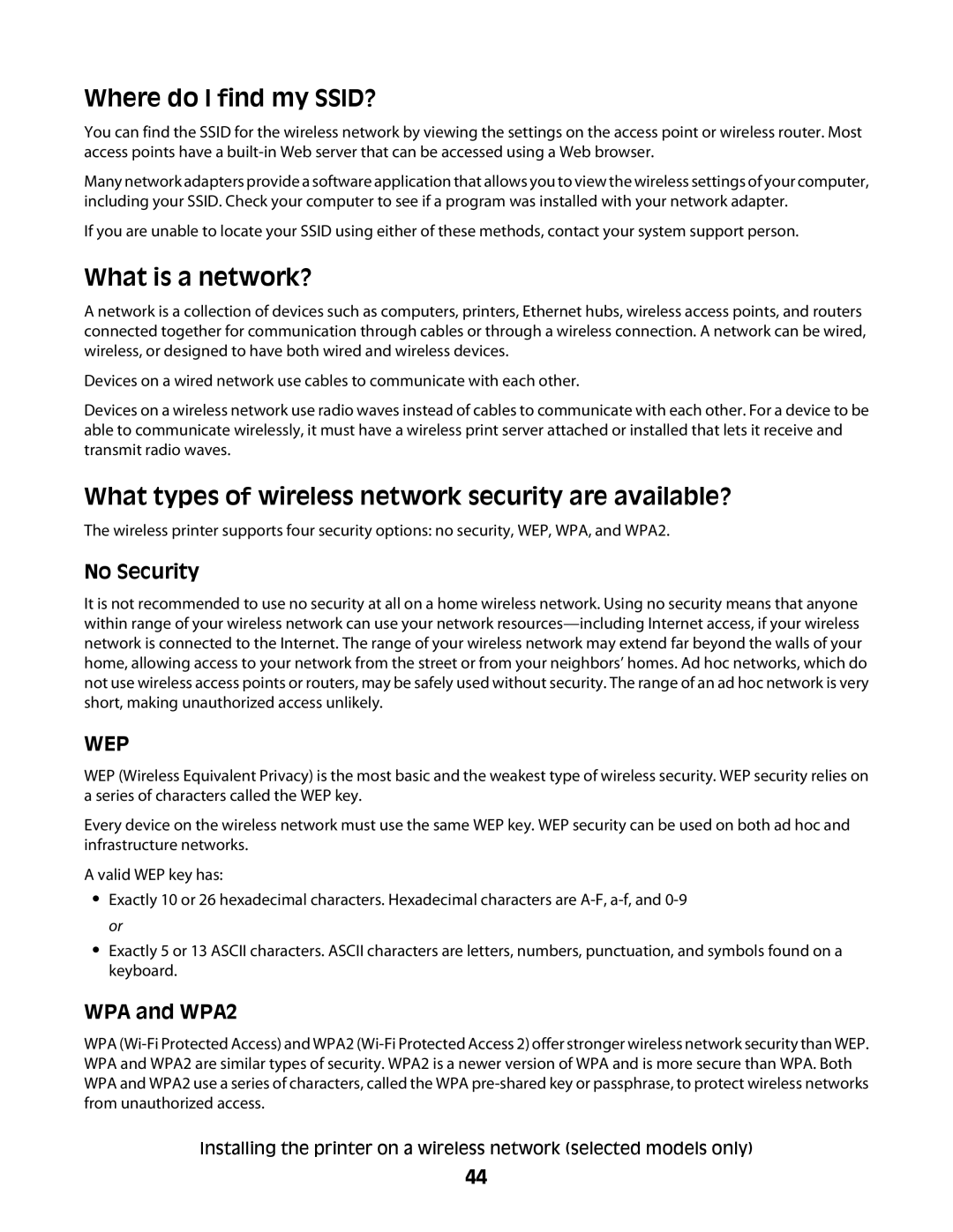 Lexmark 4900 Series Where do I find my SSID?, What is a network?, What types of wireless network security are available? 