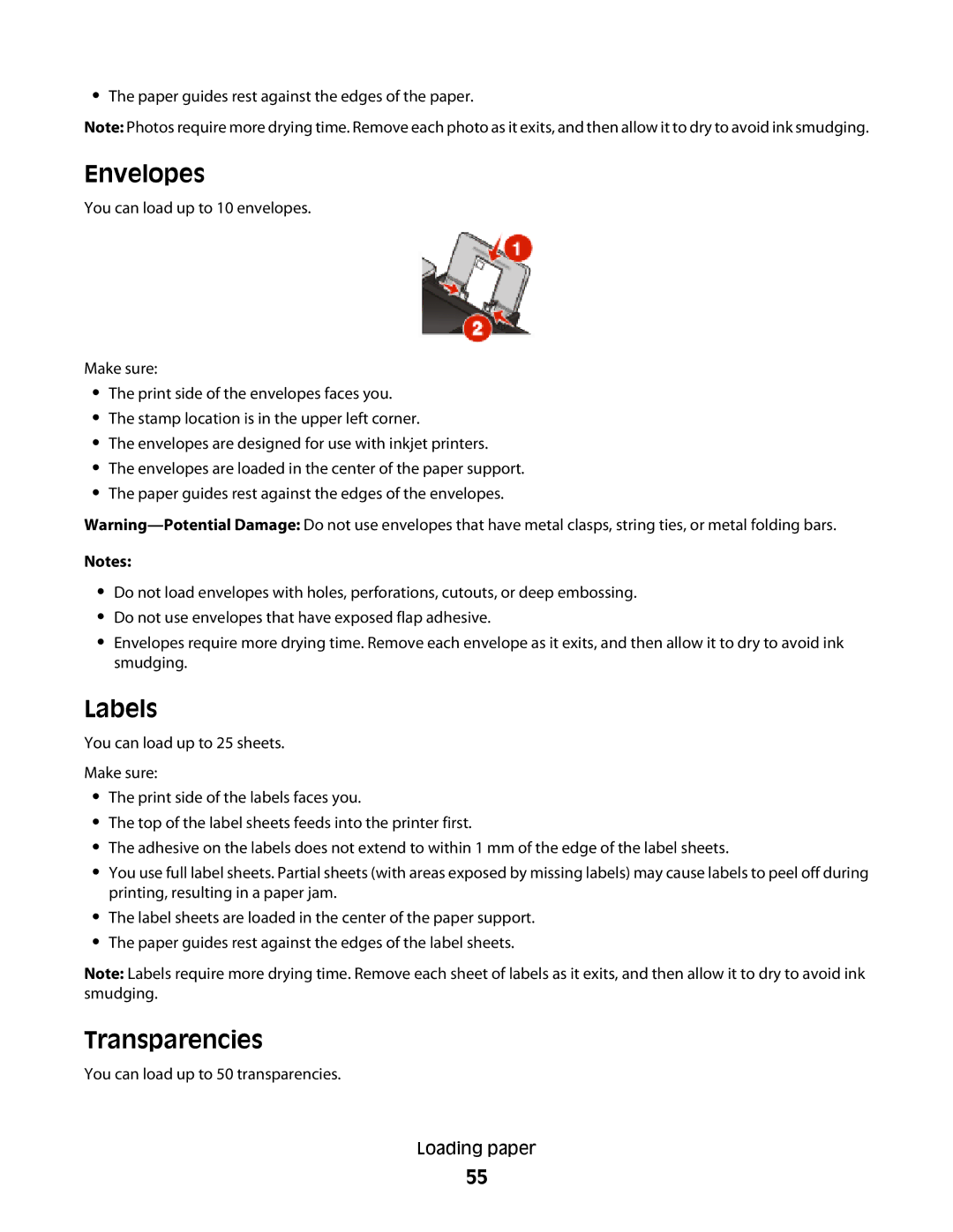 Lexmark 4900 Series manual Envelopes, Labels, Transparencies 