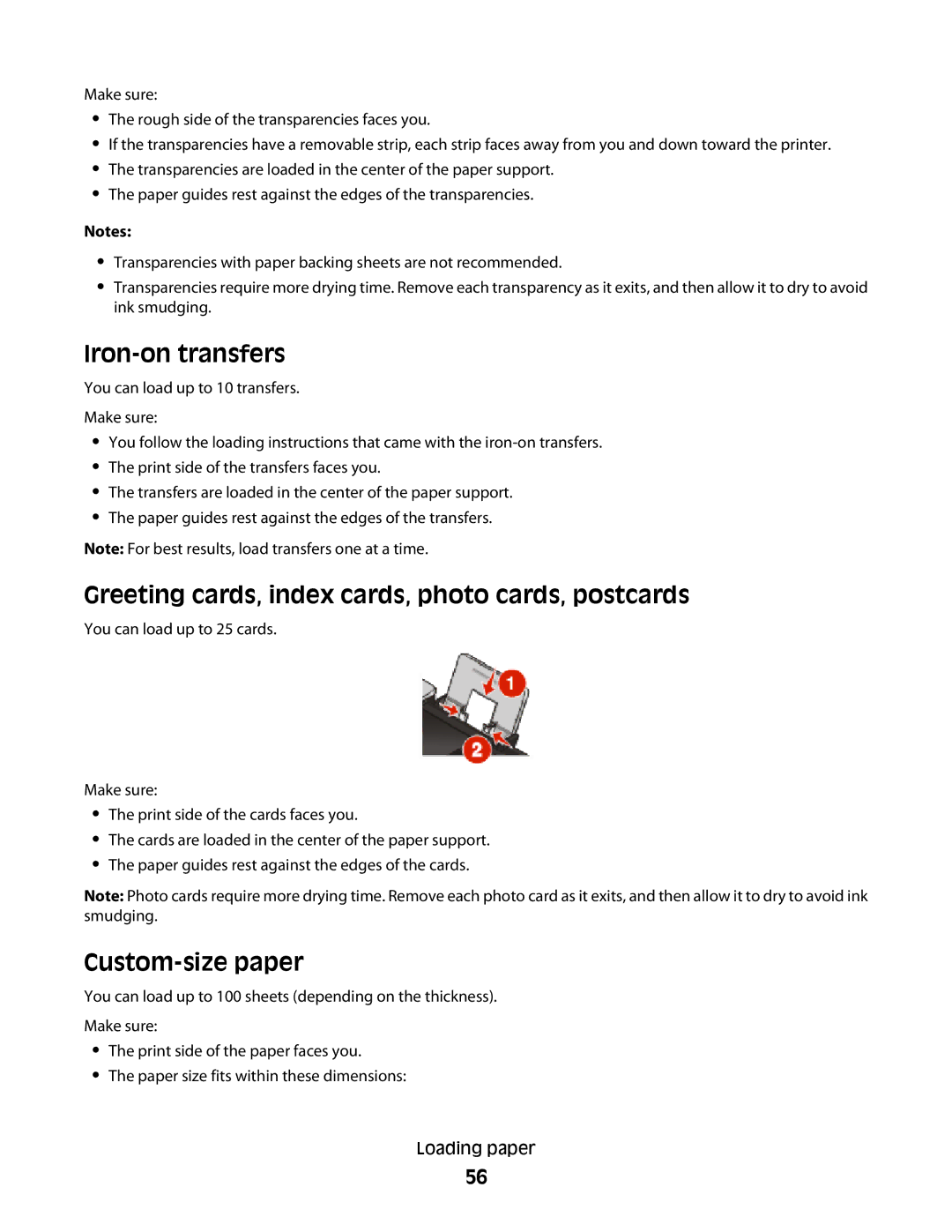 Lexmark 4900 Series manual Iron-on transfers, Greeting cards, index cards, photo cards, postcards, Custom-size paper 