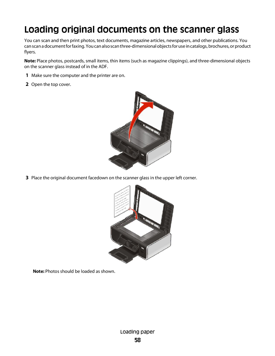 Lexmark 4900 Series manual Loading original documents on the scanner glass 