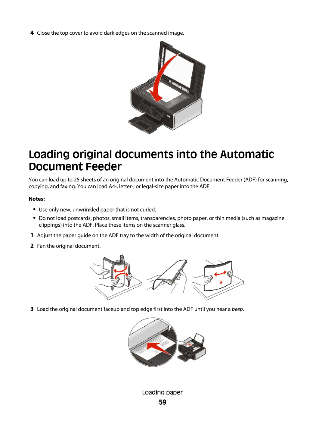 Lexmark 4900 Series manual Close the top cover to avoid dark edges on the scanned image 