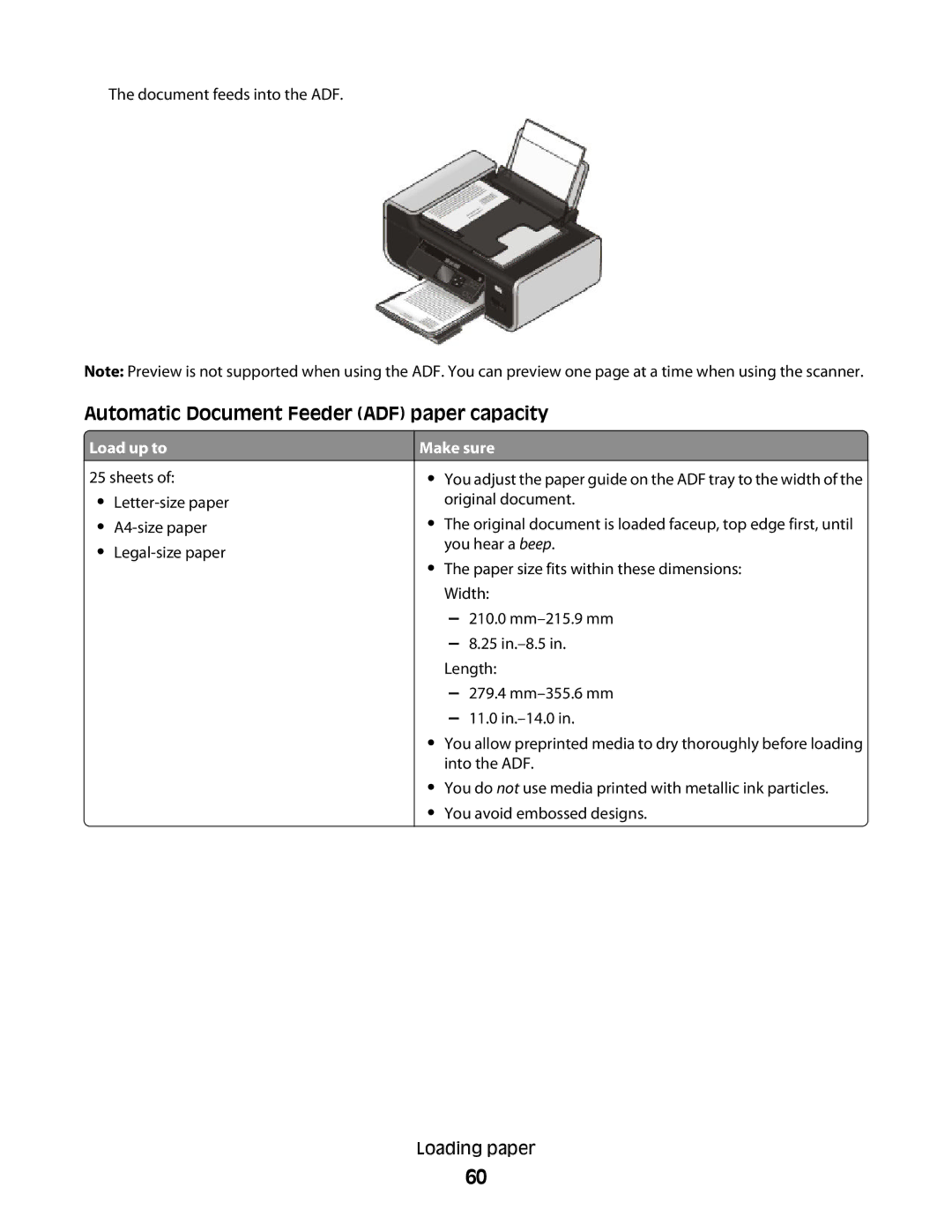 Lexmark 4900 Series manual Automatic Document Feeder ADF paper capacity, Make sure 