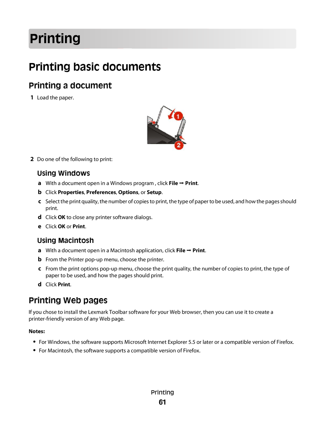 Lexmark 4900 Series manual Printing basic documents, Printing a document, Printing Web pages 