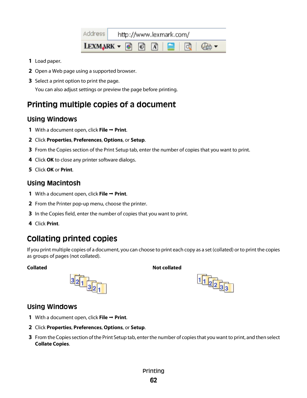 Lexmark 4900 Series manual Printing multiple copies of a document, Collating printed copies, Collated Not collated 