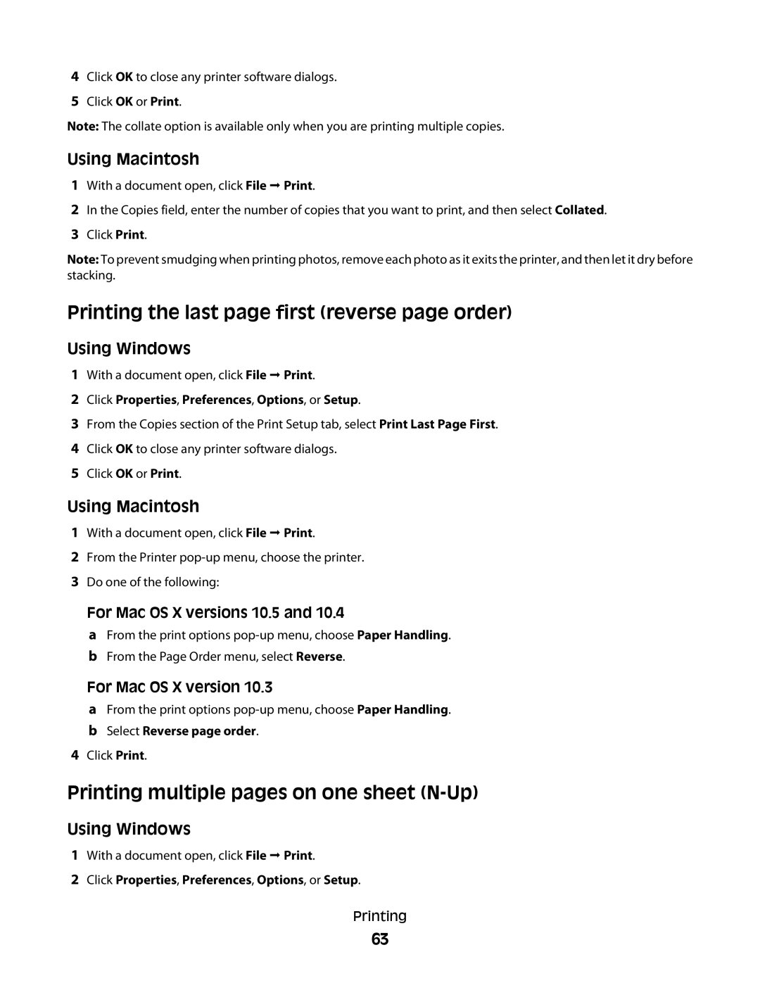 Lexmark 4900 Series manual Printing the last page first reverse page order, Printing multiple pages on one sheet N-Up 