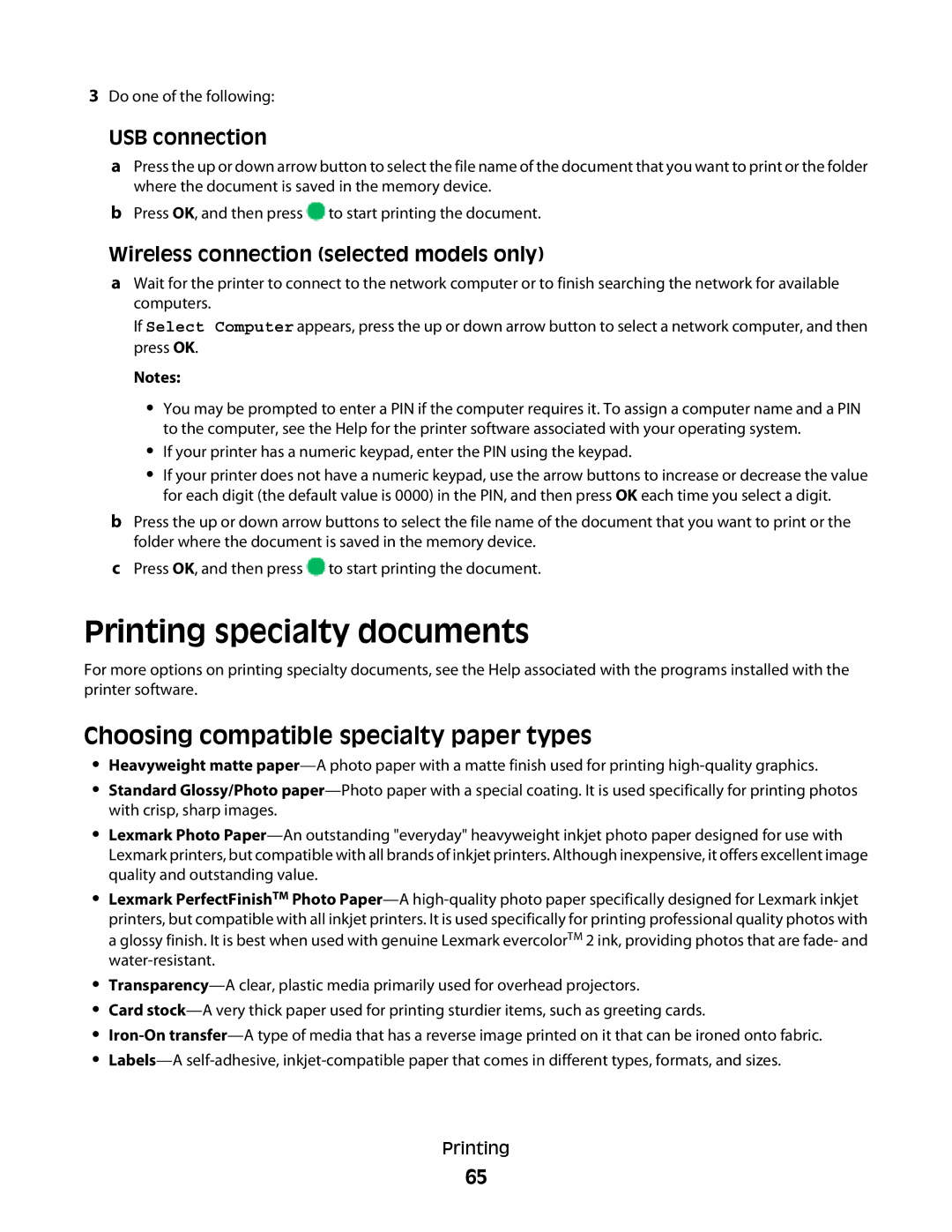 Lexmark 4900 Series manual Printing specialty documents, Choosing compatible specialty paper types, USB connection 