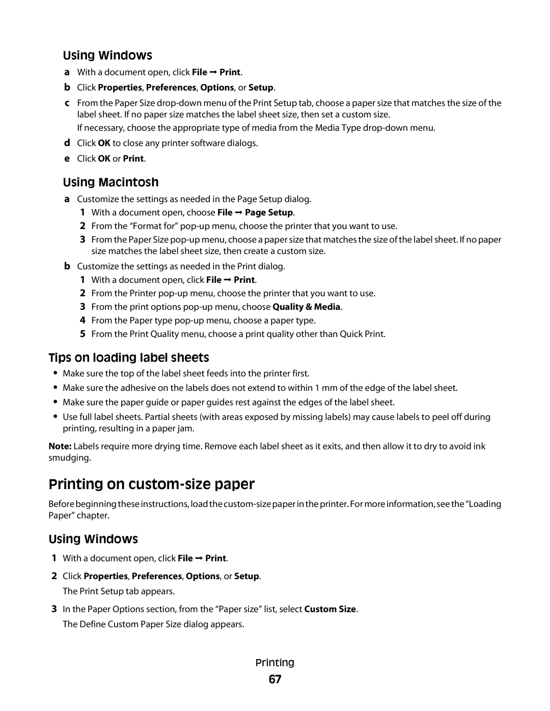 Lexmark 4900 Series manual Printing on custom-size paper, Tips on loading label sheets 