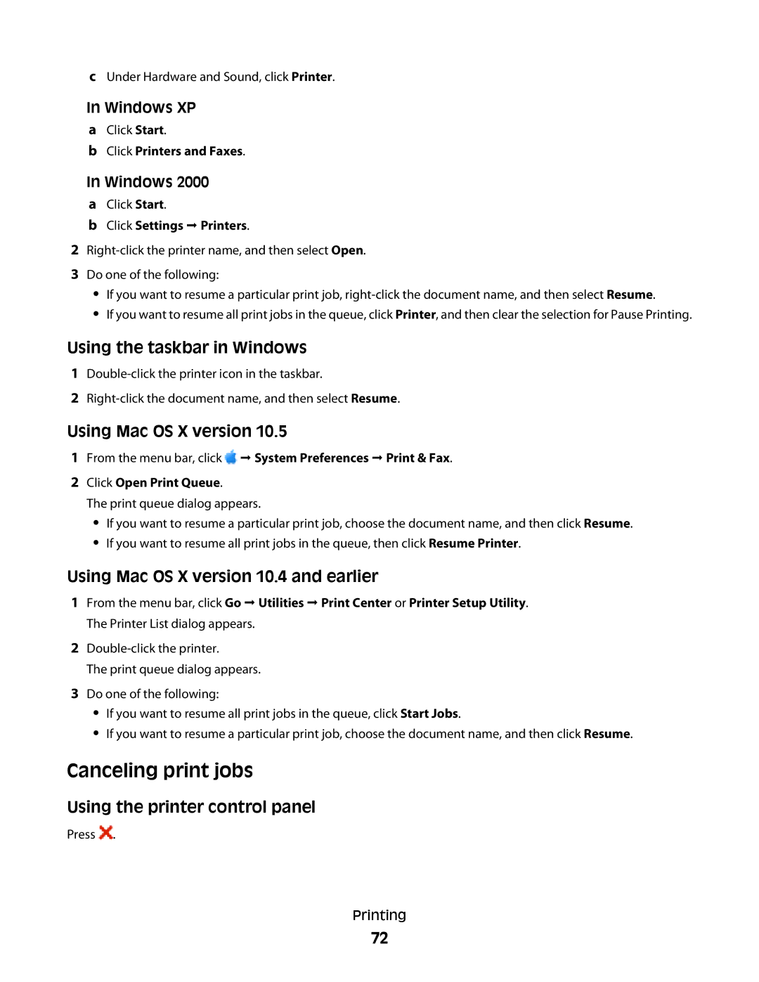 Lexmark 4900 Series Canceling print jobs, Using Mac OS X version 10.4 and earlier, Using the printer control panel 