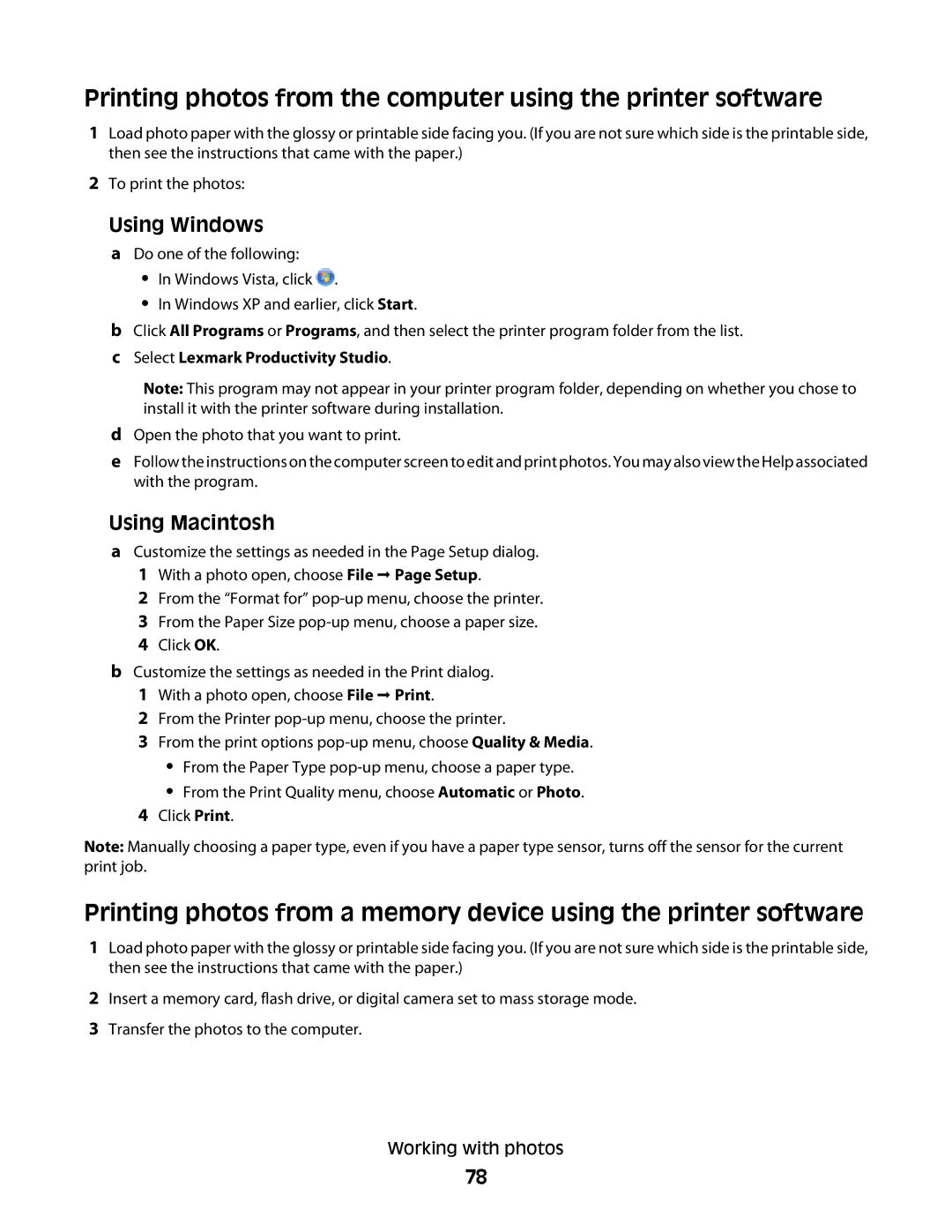 Lexmark 4900 Series manual Printing photos from the computer using the printer software, Select Lexmark Productivity Studio 