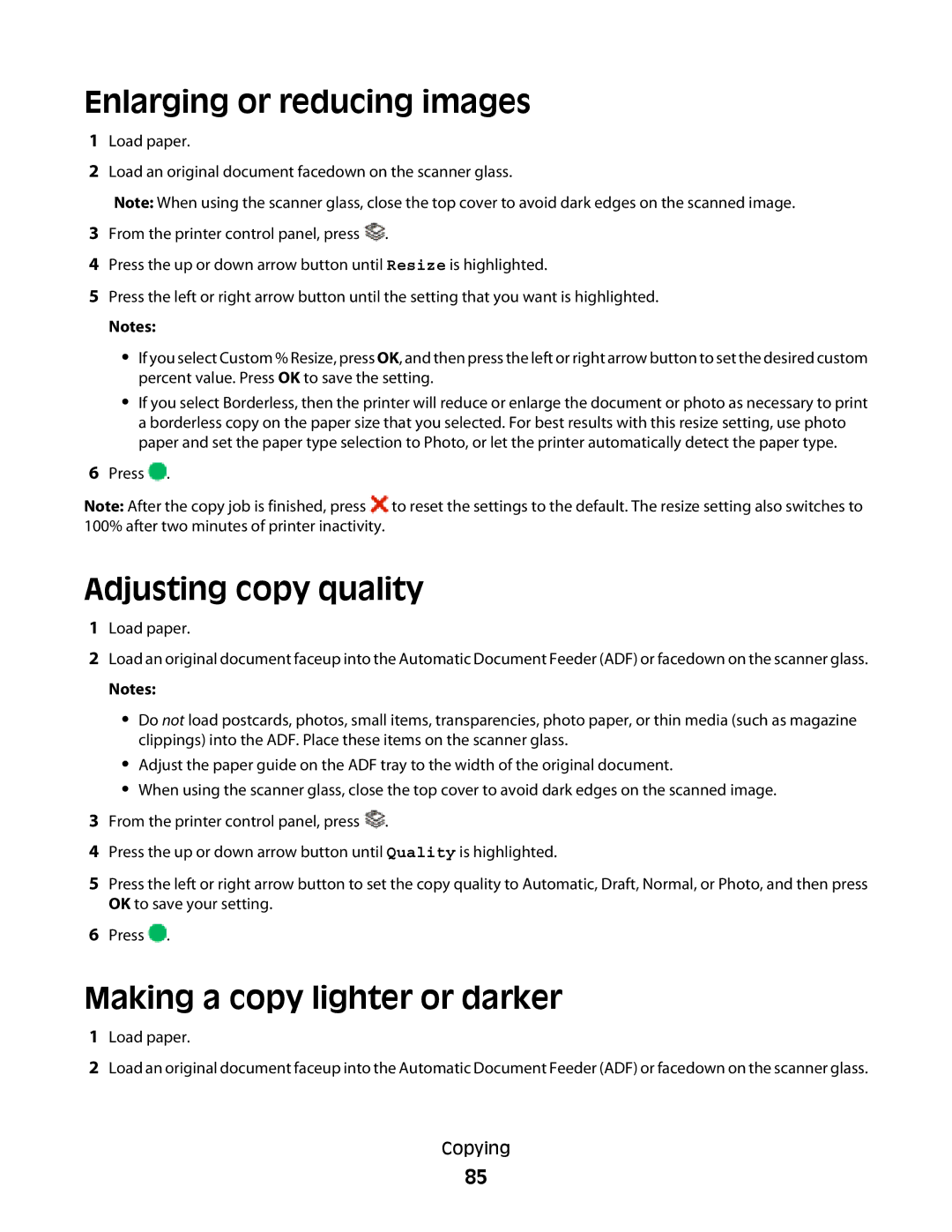 Lexmark 4900 Series manual Enlarging or reducing images, Adjusting copy quality, Making a copy lighter or darker 