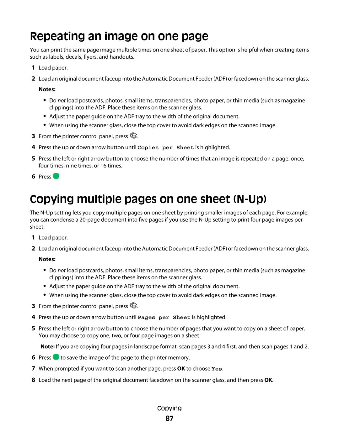 Lexmark 4900 Series manual Repeating an image on one, Copying multiple pages on one sheet N-Up 