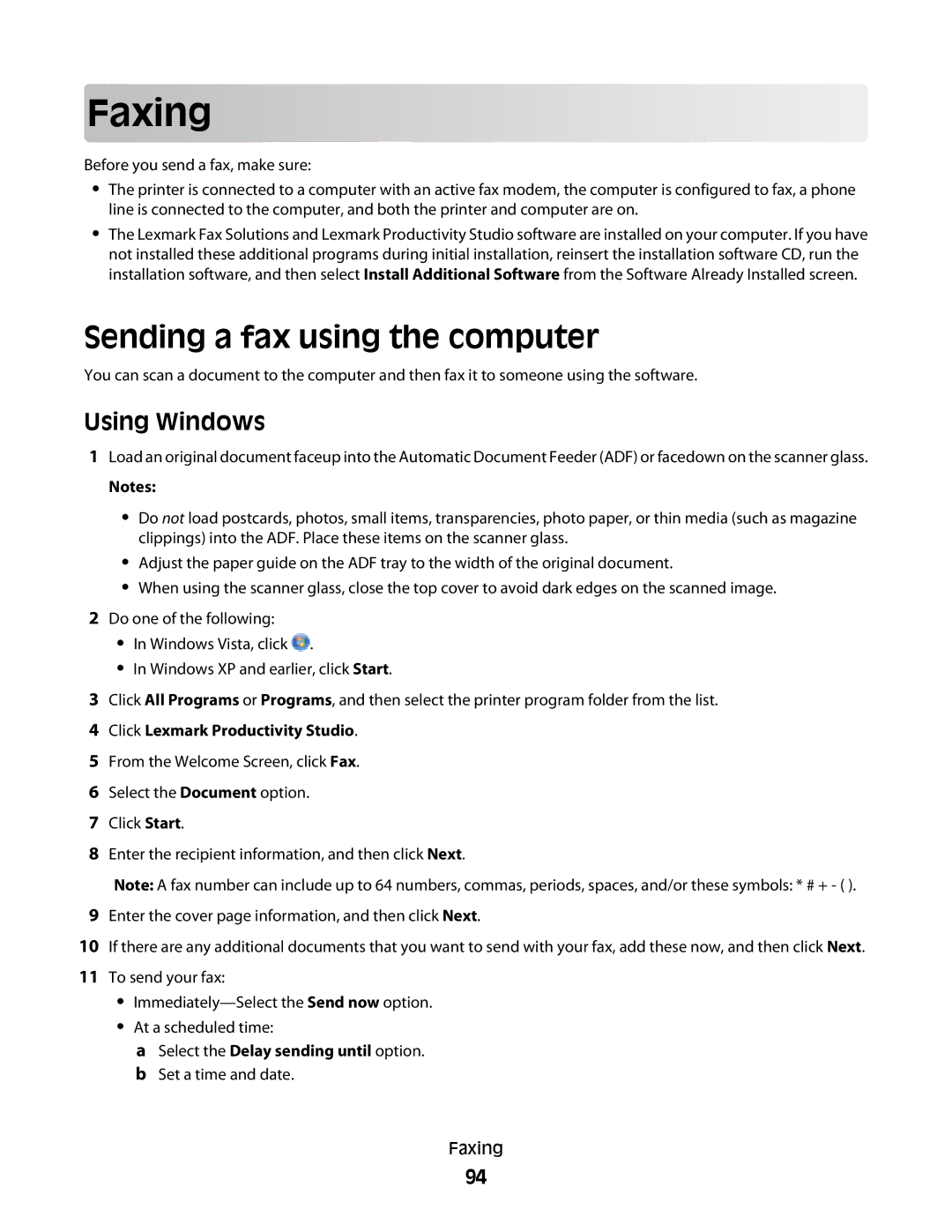 Lexmark 4900 Series manual Faxing, Sending a fax using the computer, Select the Delay sending until option 