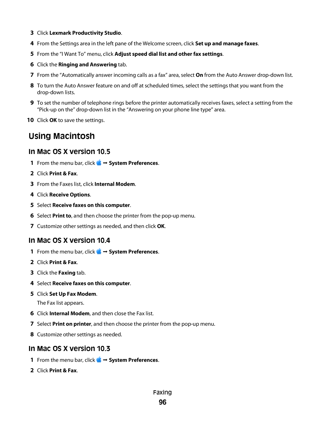 Lexmark 4900 Series manual Mac OS X version, Click Print & Fax, Click Receive Options Select Receive faxes on this computer 