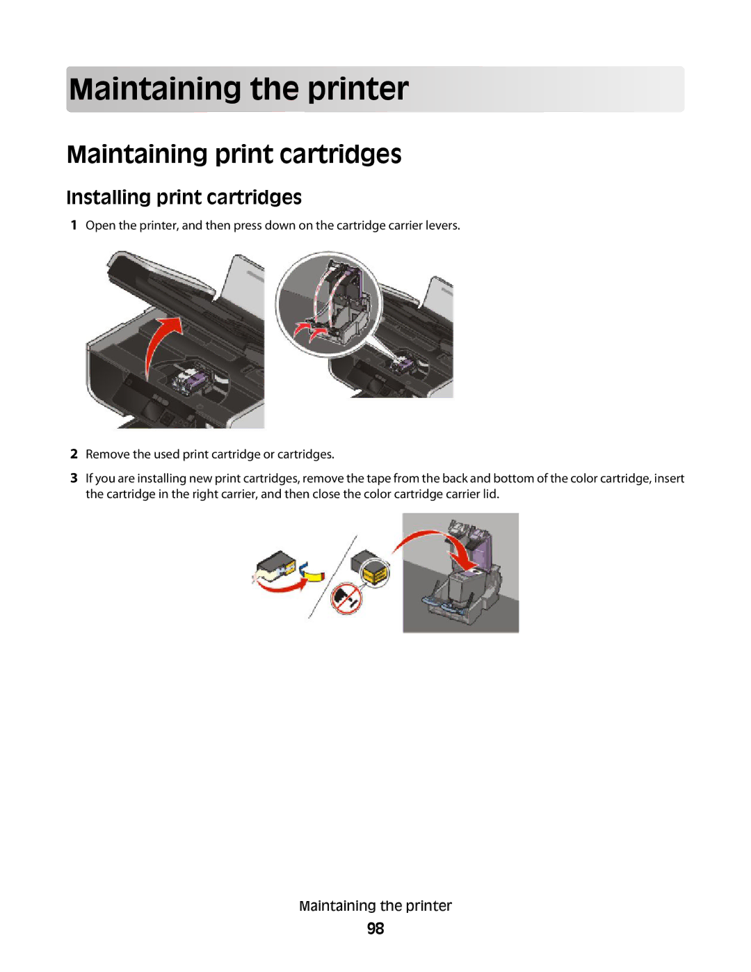 Lexmark 4900 Series manual Maintaining the printer, Maintaining print cartridges, Installing print cartridges 