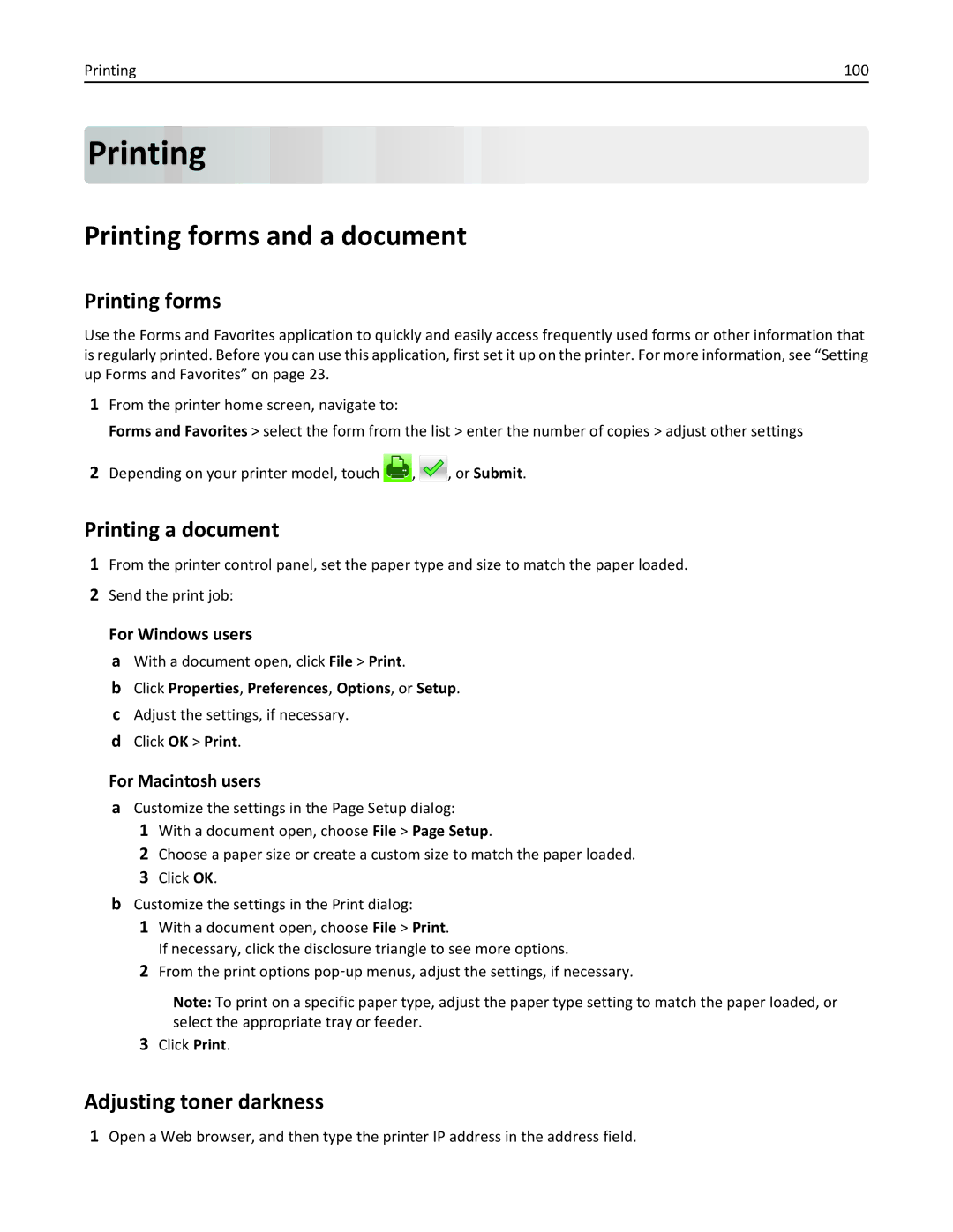 Lexmark 696, 496, 896 manual Printing forms and a document, Printing a document, Adjusting toner darkness 