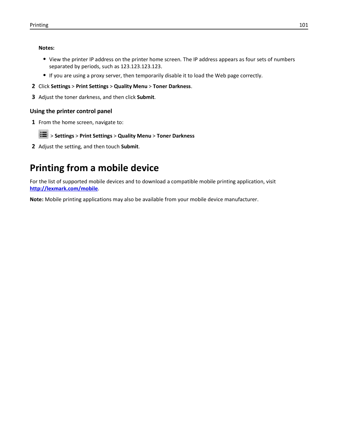 Lexmark 896, 496, 696 manual Printing from a mobile device, Click Settings Print Settings Quality Menu Toner Darkness 