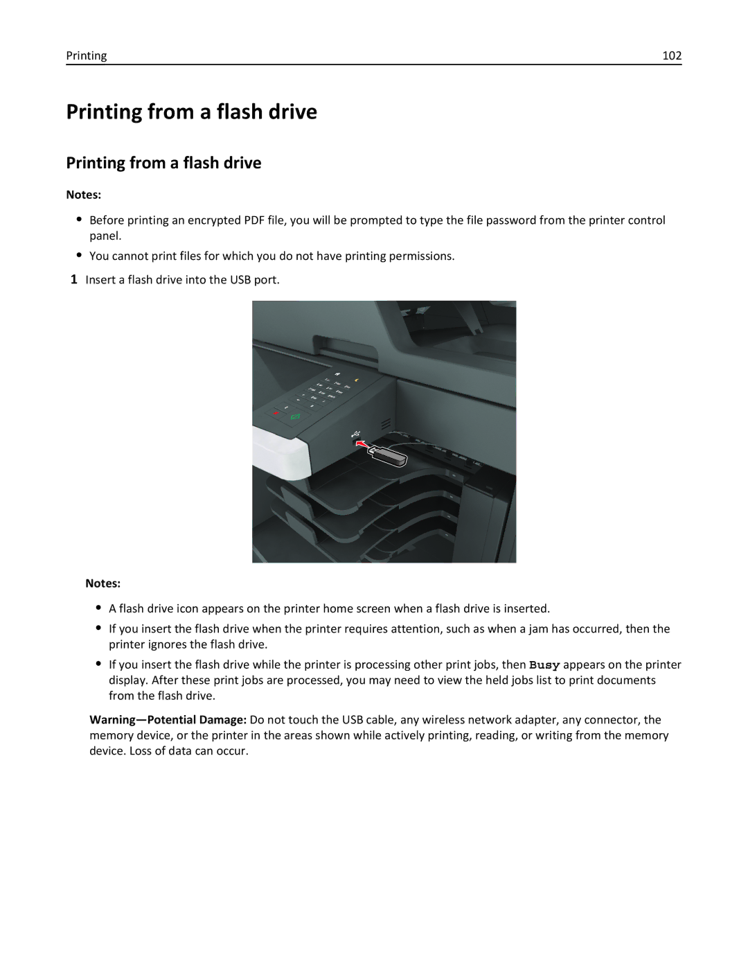 Lexmark 496, 696, 896 manual Printing from a flash drive, Printing 102 