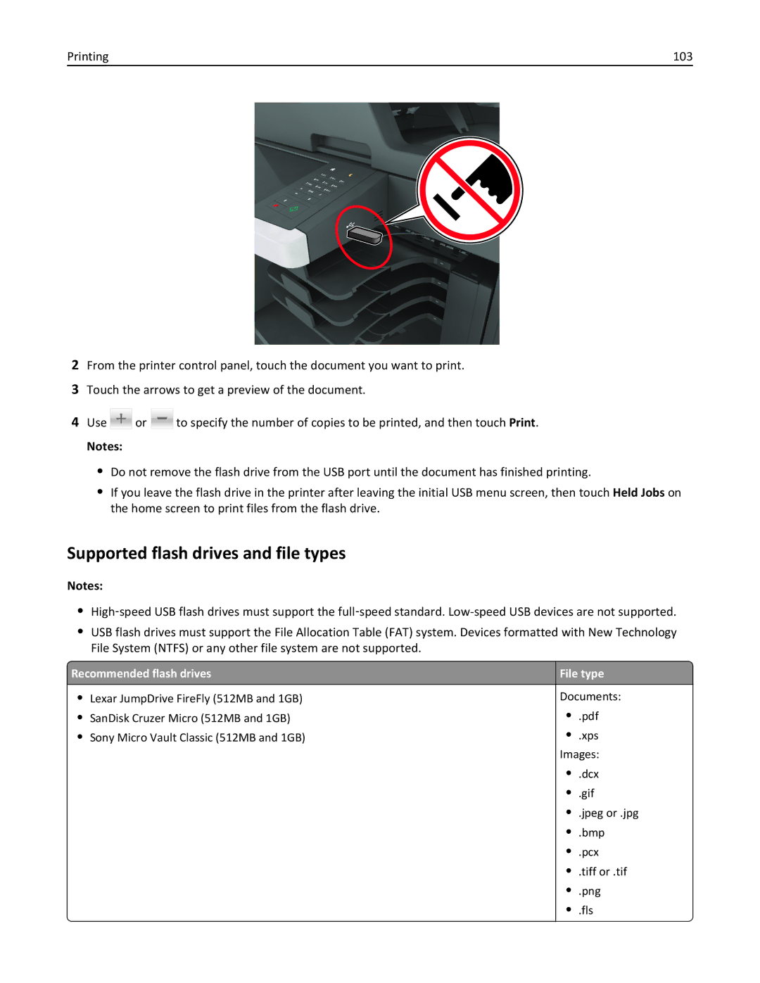 Lexmark 696, 496, 896 manual Supported flash drives and file types, Printing 103, Recommended flash drives File type 