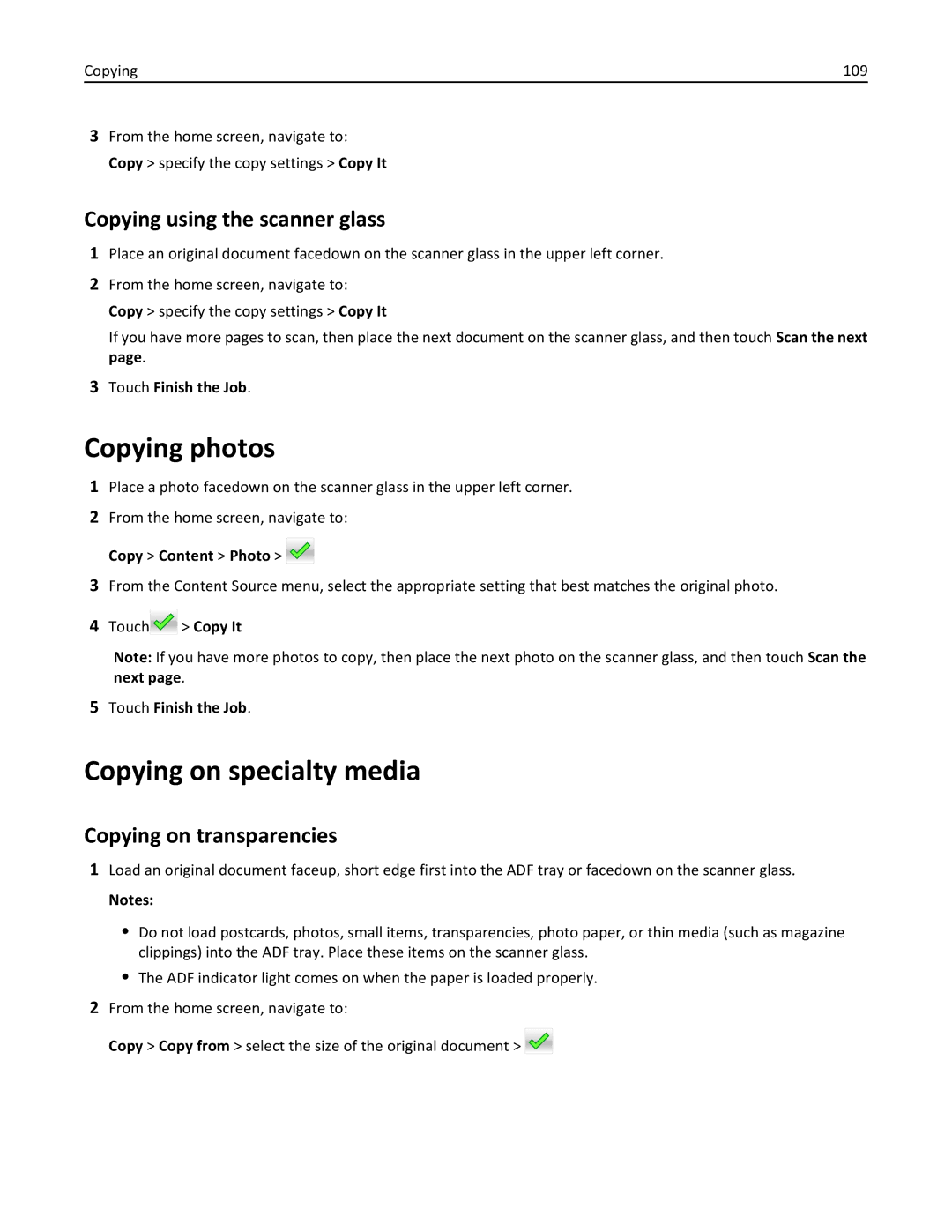 Lexmark 696, 496 Copying photos, Copying on specialty media, Copying using the scanner glass, Copying on transparencies 