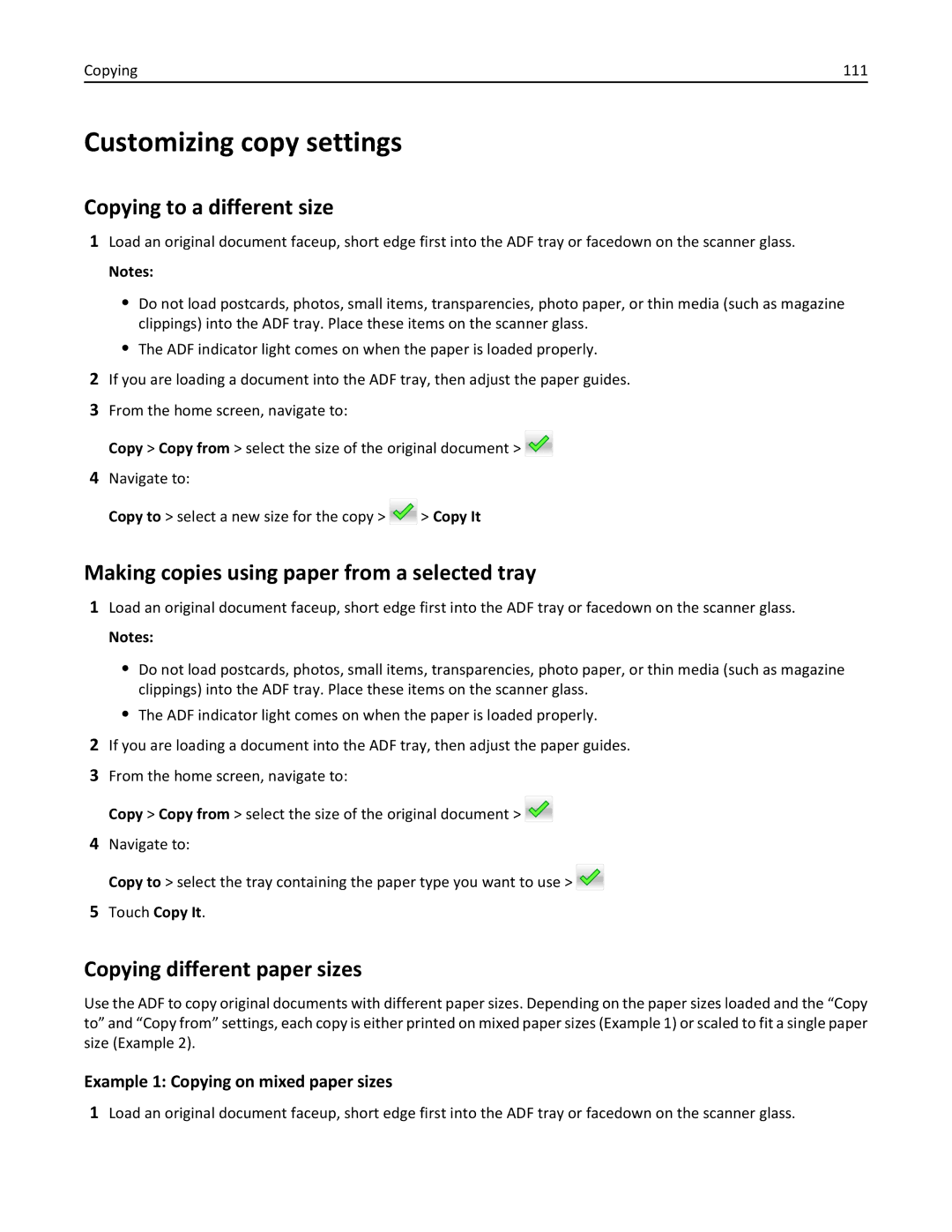 Lexmark 496, 696 Customizing copy settings, Copying to a different size, Making copies using paper from a selected tray 