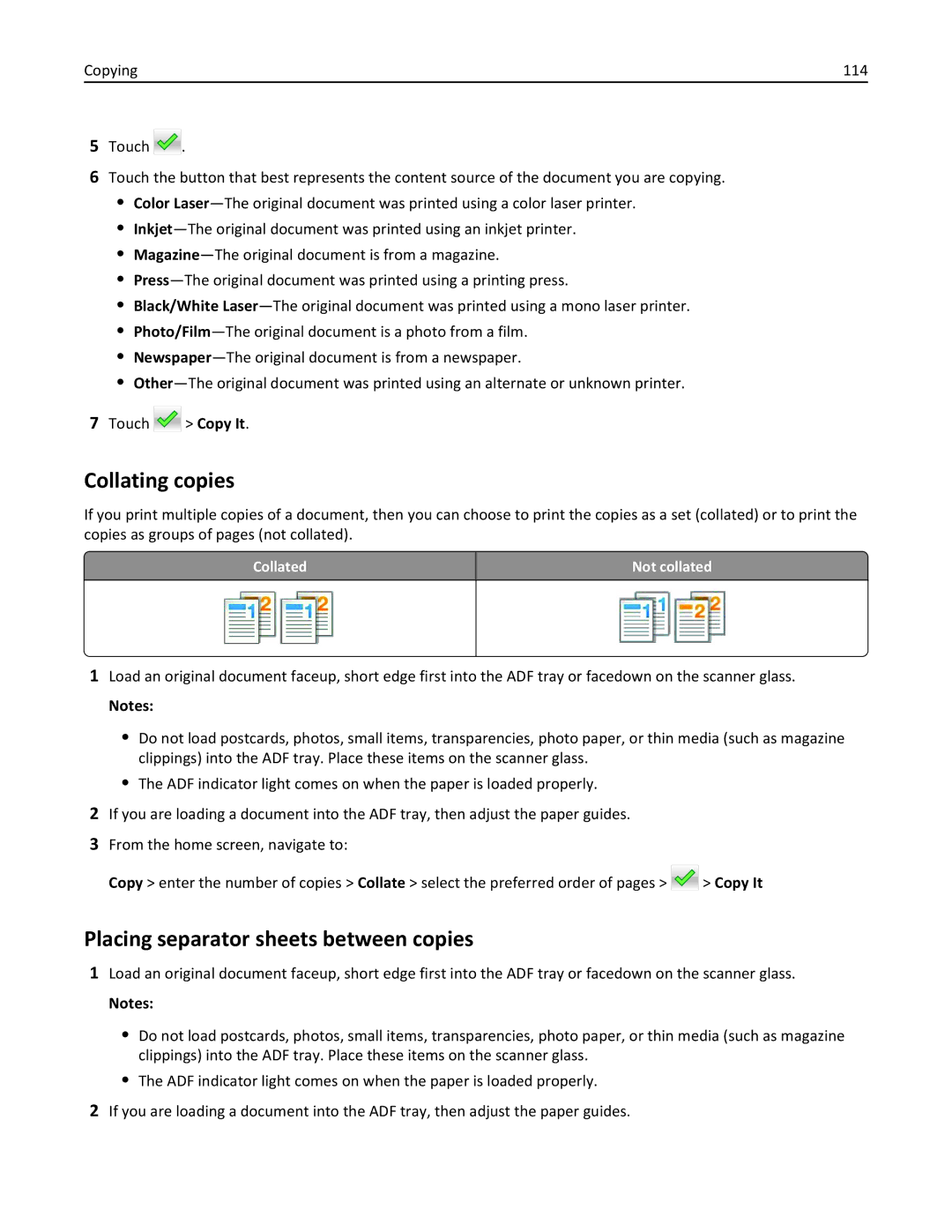 Lexmark 496, 696, 896 manual Collating copies, Placing separator sheets between copies, Collated Not collated 