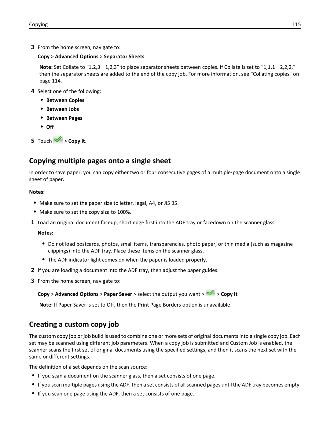 Lexmark 696 Copying multiple pages onto a single sheet, Creating a custom copy job, Copy Advanced Options Separator Sheets 