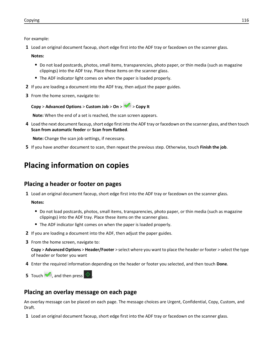 Lexmark 896, 496 Placing information on copies, Placing a header or footer on pages, Placing an overlay message on each 