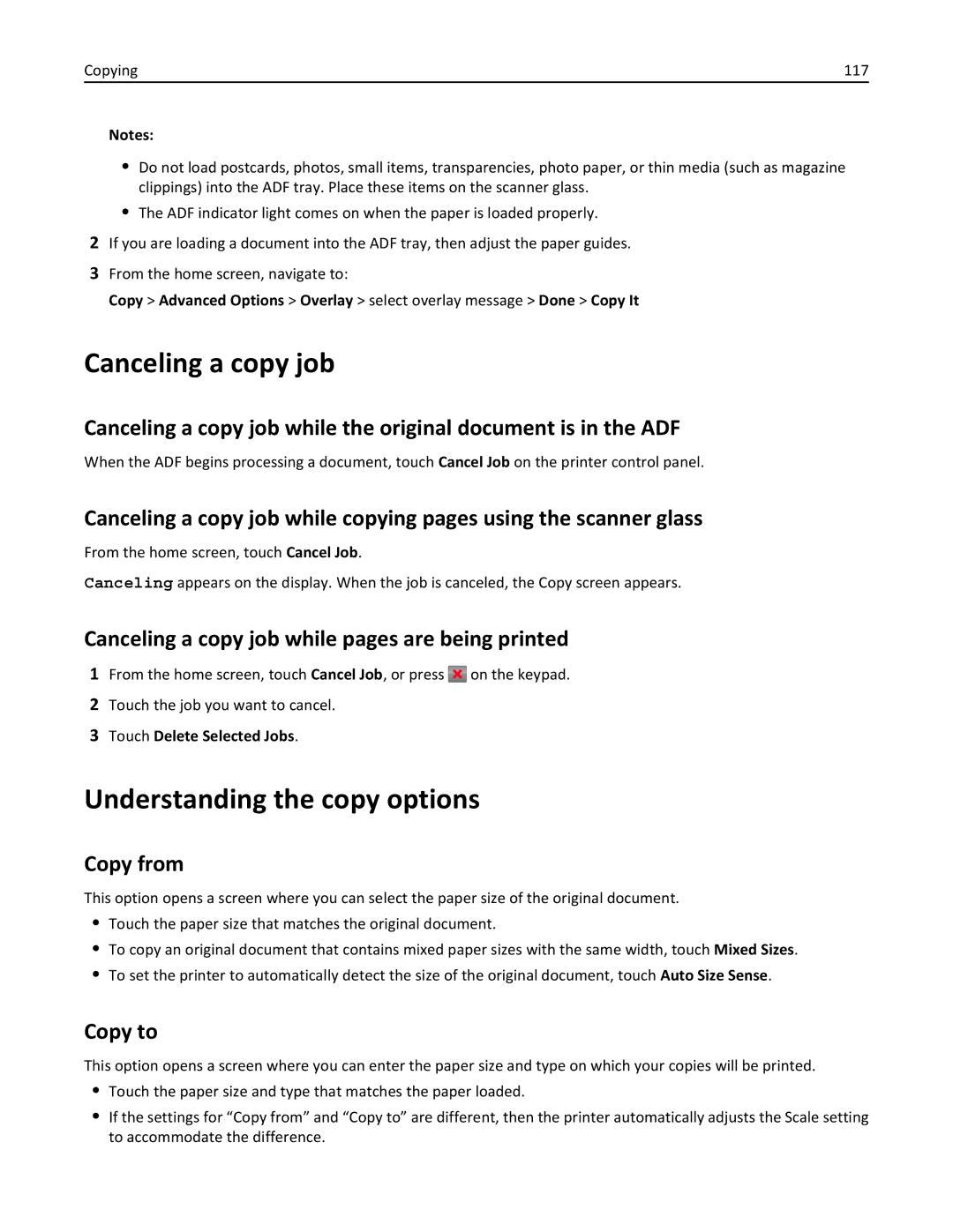 Lexmark 496 Understanding the copy options, Canceling a copy job while pages are being printed, Copy from, Copy to 