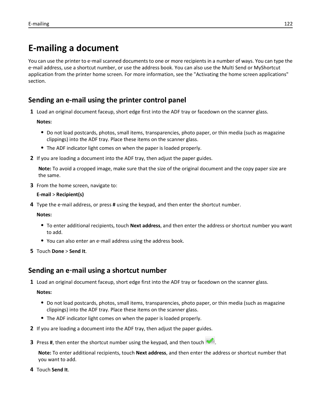 Lexmark 896, 496 Mailing a document, Sending an e-mail using the printer control panel, Mailing 122, Touch Done Send It 