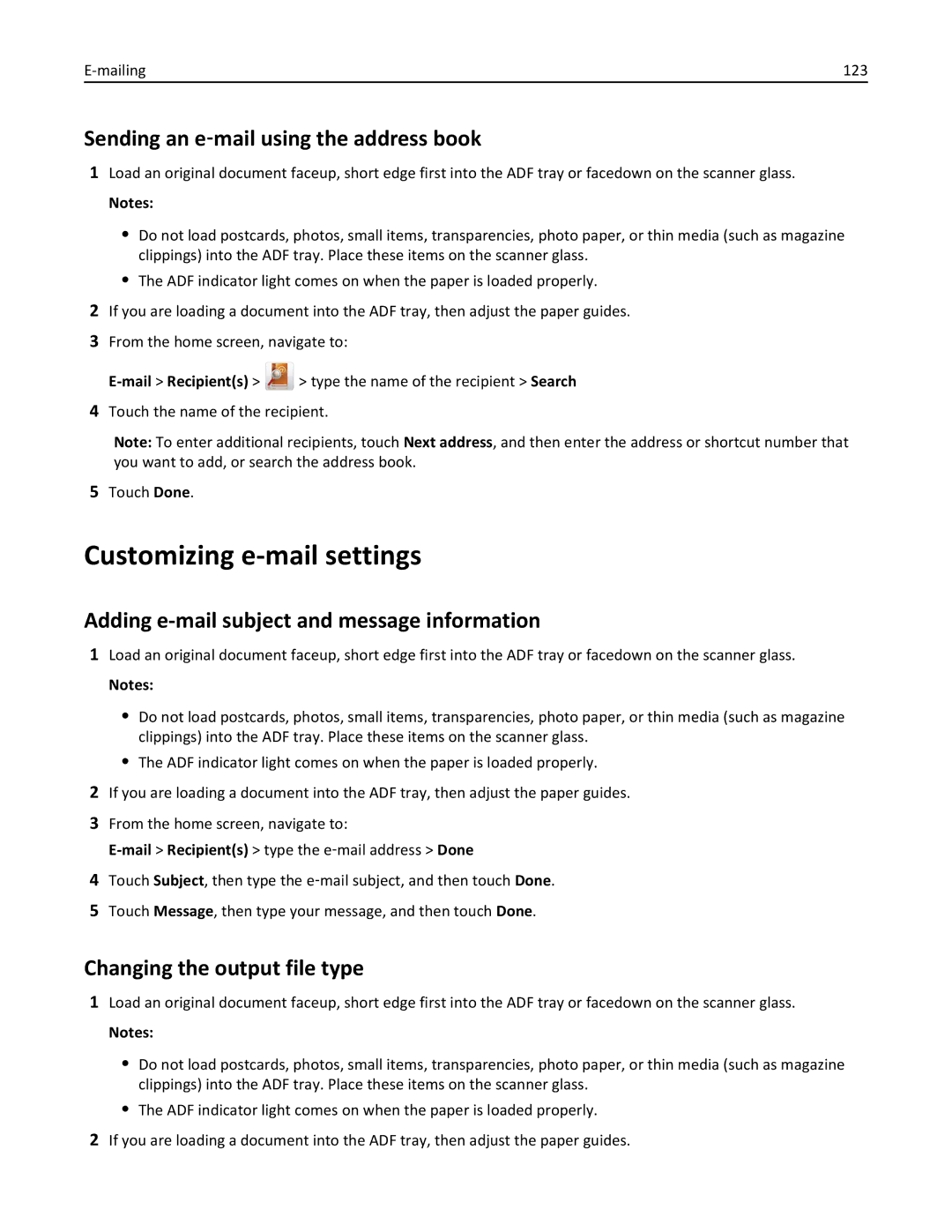 Lexmark 496, 696, 896 Customizing e-mail settings, Sending an e‑mail using the address book, Changing the output file type 