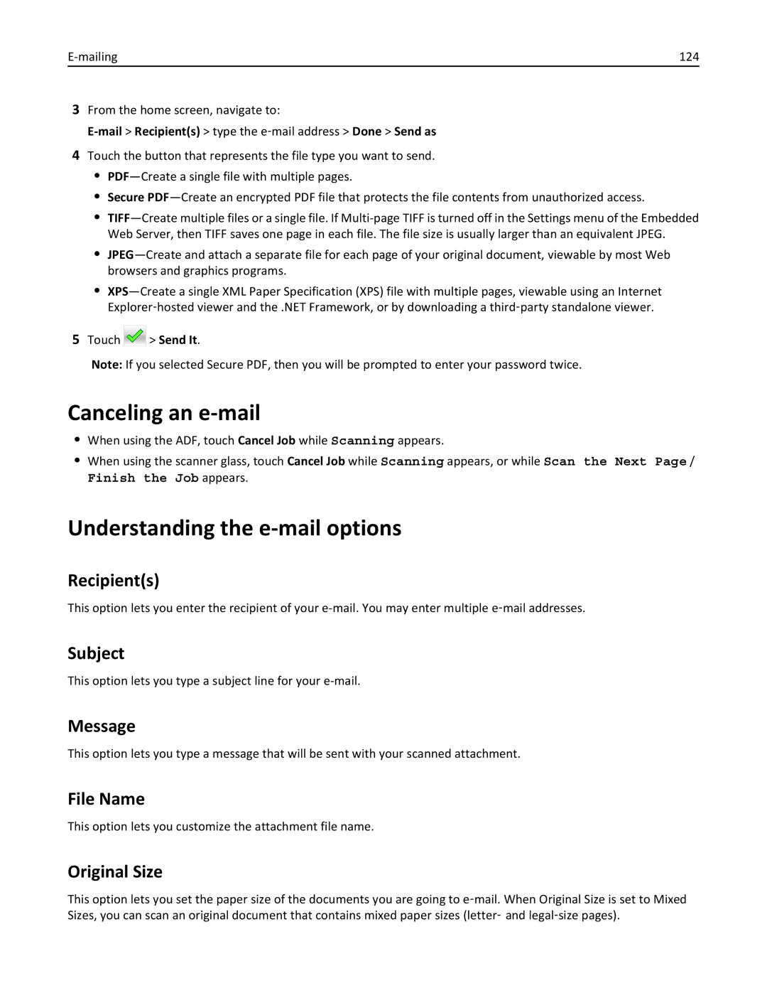 Lexmark 696, 496, 896 manual Canceling an e-mail, Understanding the e-mail options 