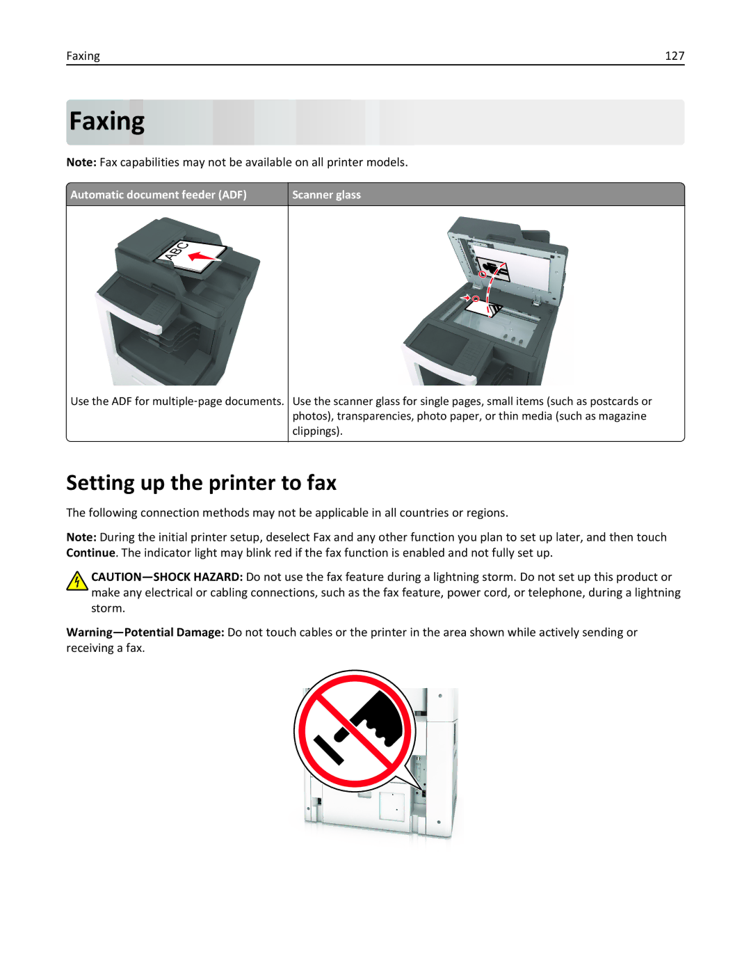 Lexmark 696, 496, 896 manual Setting up the printer to fax, Faxing 127 