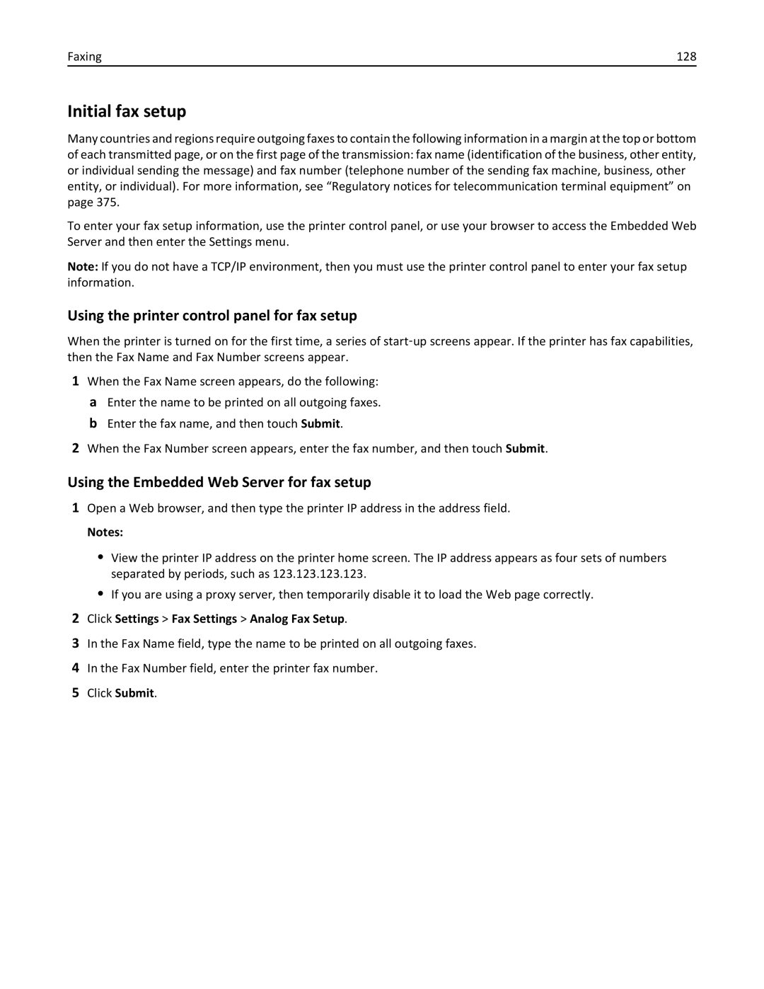 Lexmark 896 Initial fax setup, Using the printer control panel for fax setup, Using the Embedded Web Server for fax setup 