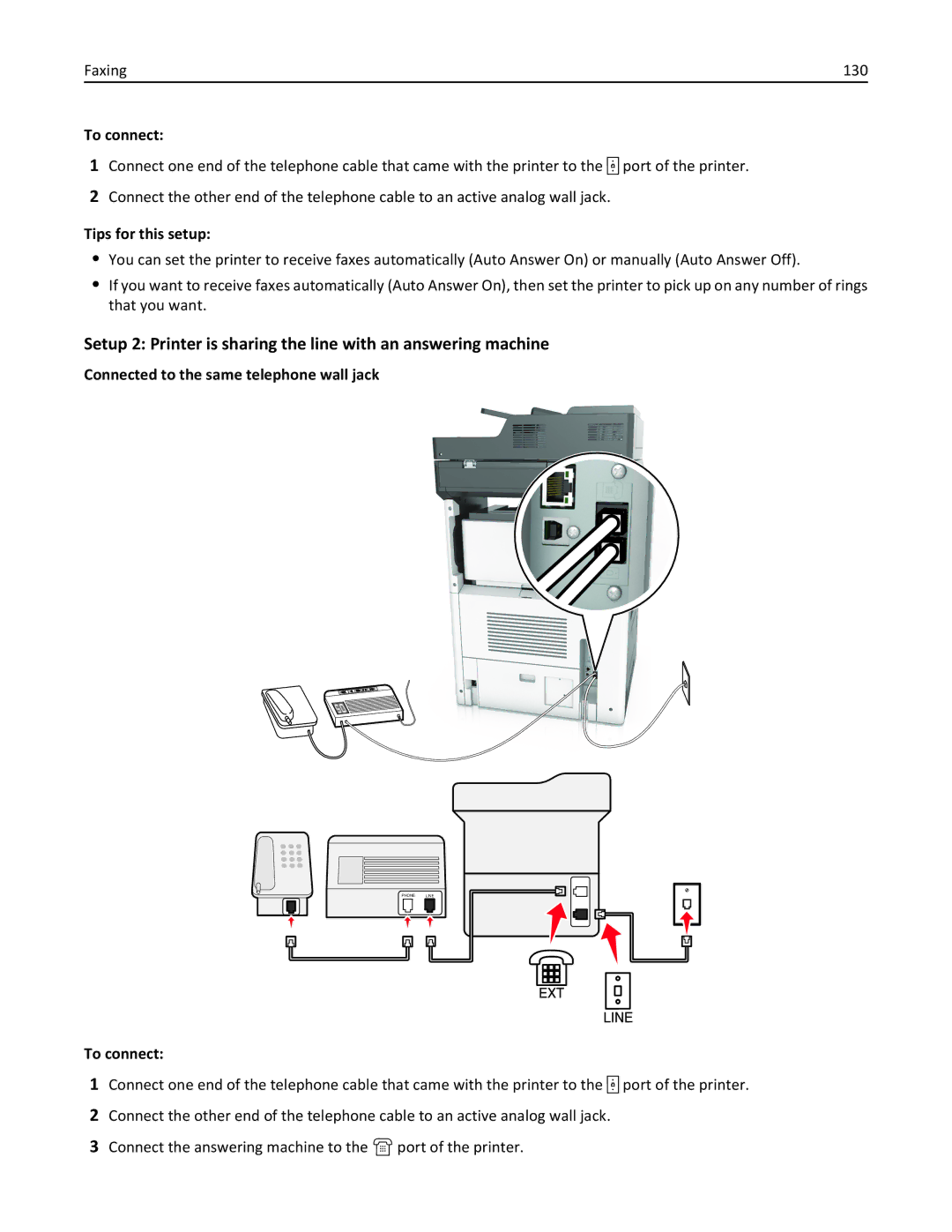 Lexmark 696, 496, 896 manual Faxing 130, To connect, Tips for this setup, Connected to the same telephone wall jack 