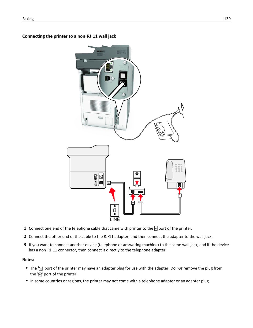 Lexmark 696, 496, 896 manual Connecting the printer to a non‑RJ‑11 wall jack, Faxing 139 