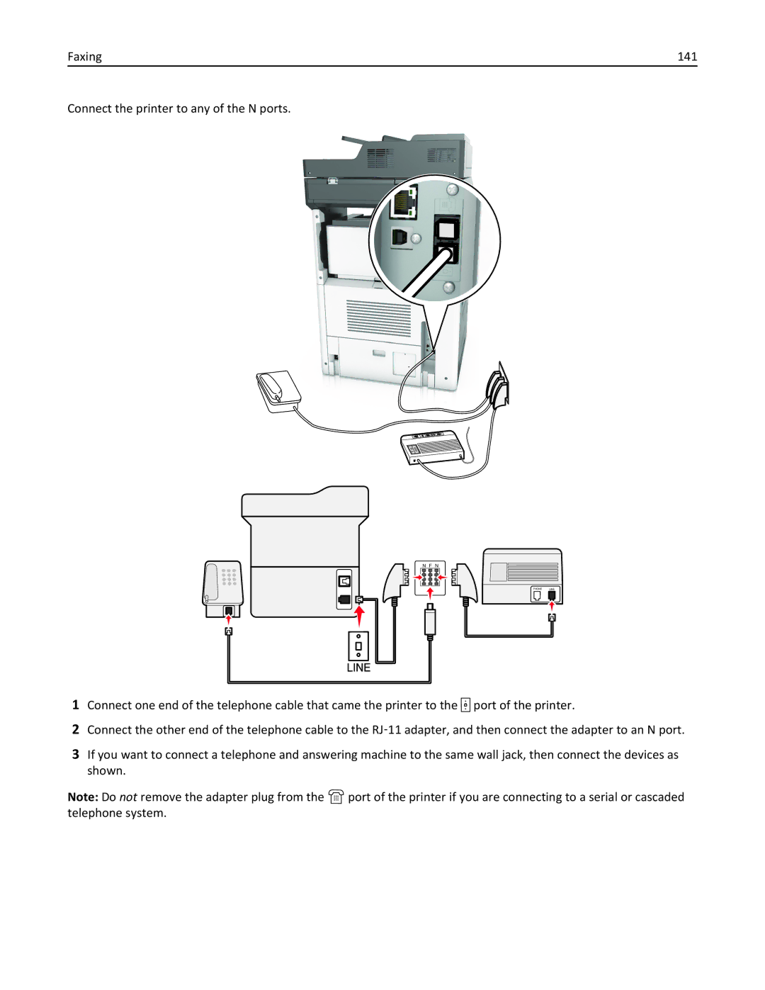 Lexmark 496, 696, 896 manual Faxing 141 Connect the printer to any of the N ports 