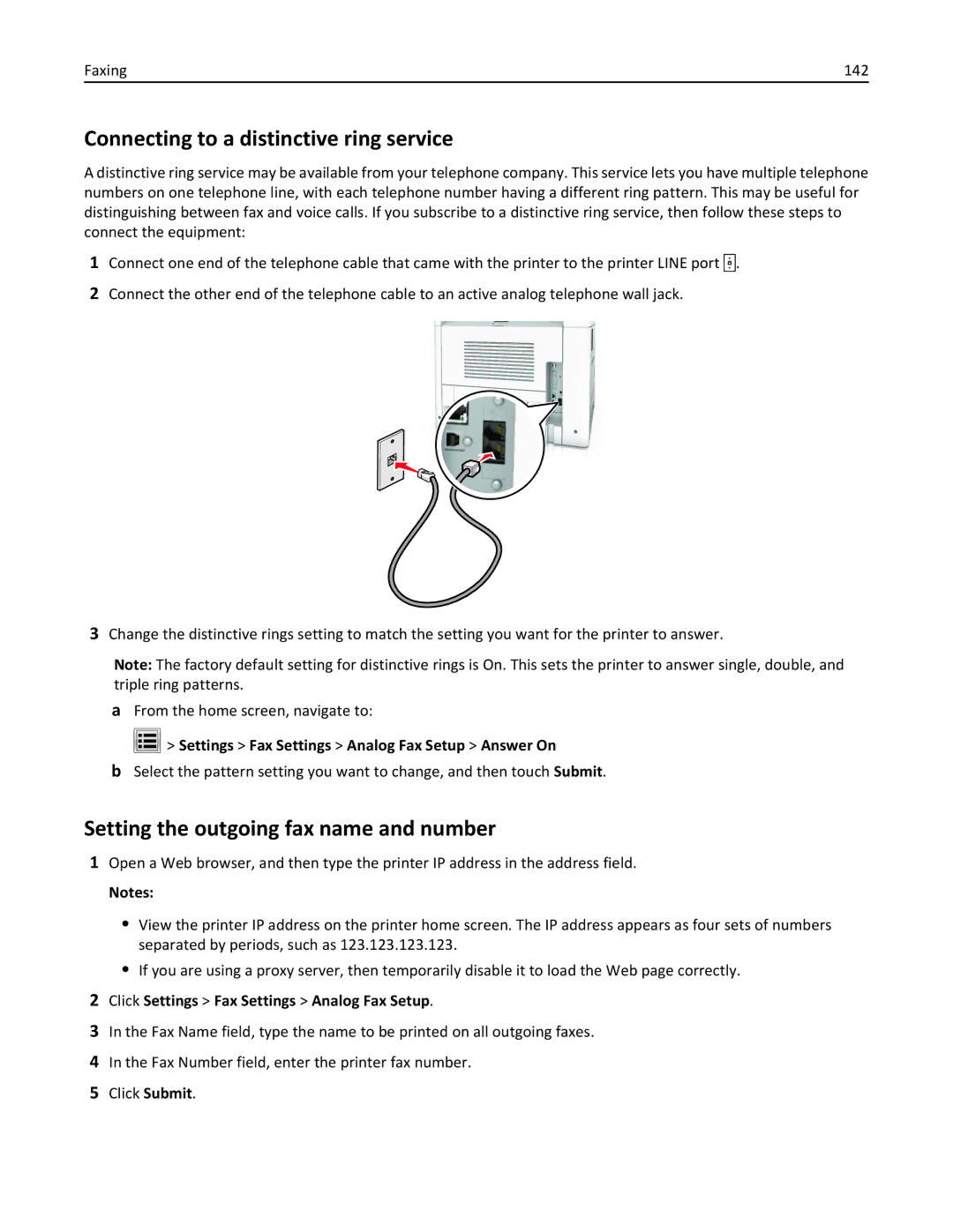 Lexmark 696, 496, 896 manual Connecting to a distinctive ring service, Setting the outgoing fax name and number, Faxing 142 