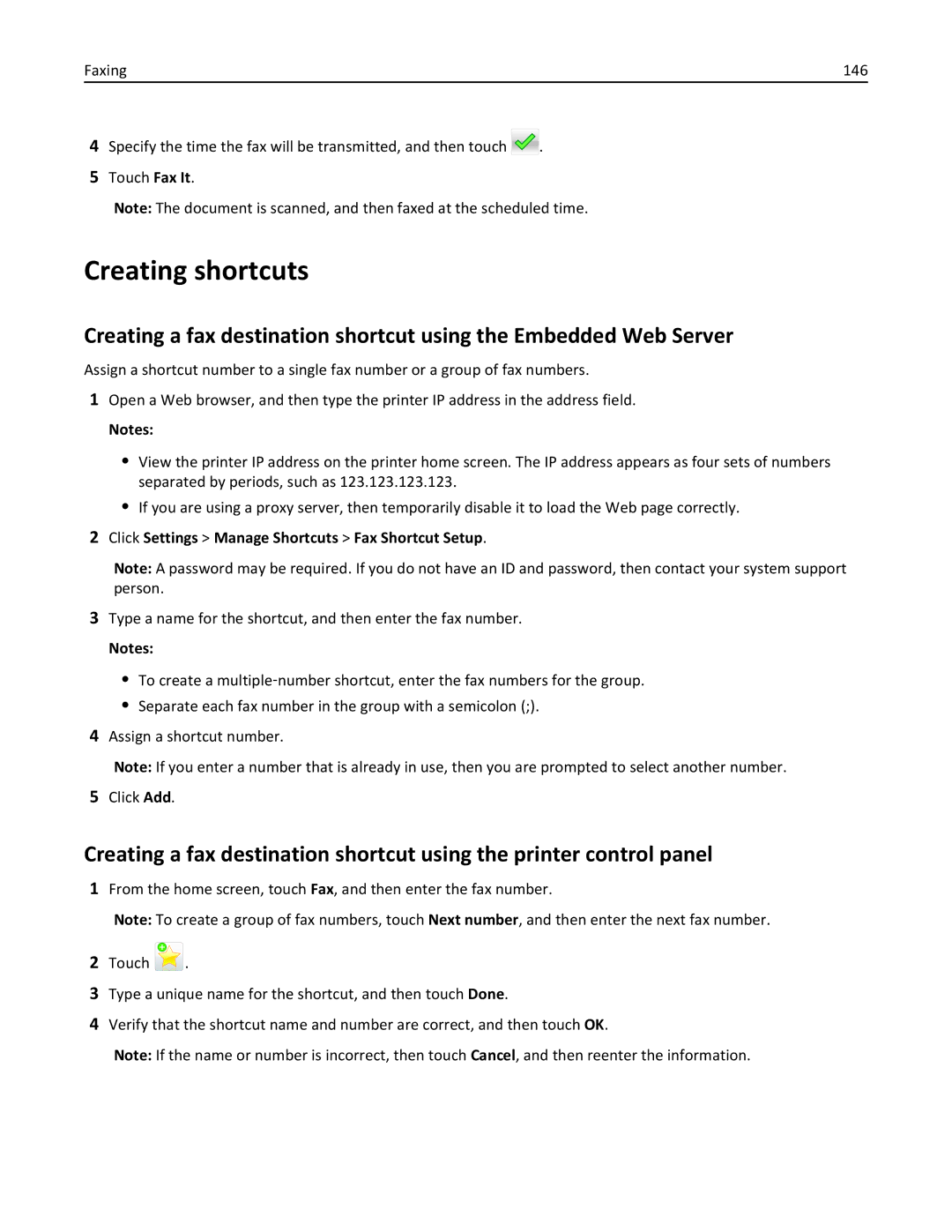 Lexmark 896, 496, 696 manual Creating shortcuts, Click Settings Manage Shortcuts Fax Shortcut Setup 