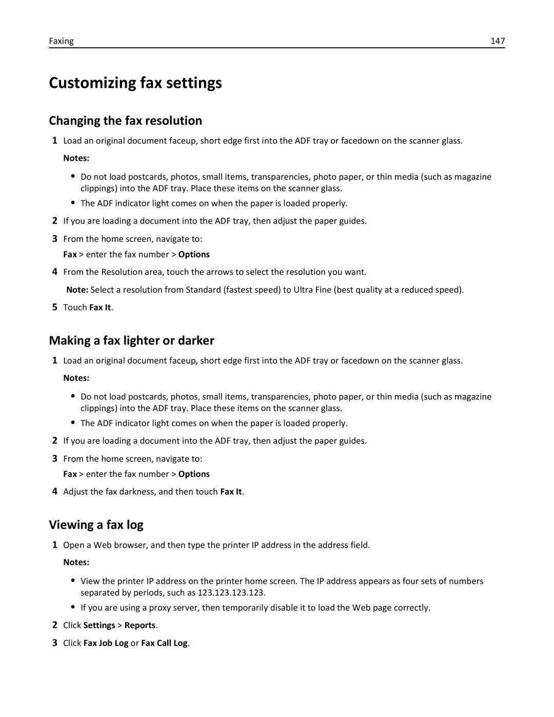 Lexmark 496, 696 Customizing fax settings, Changing the fax resolution, Making a fax lighter or darker, Viewing a fax log 