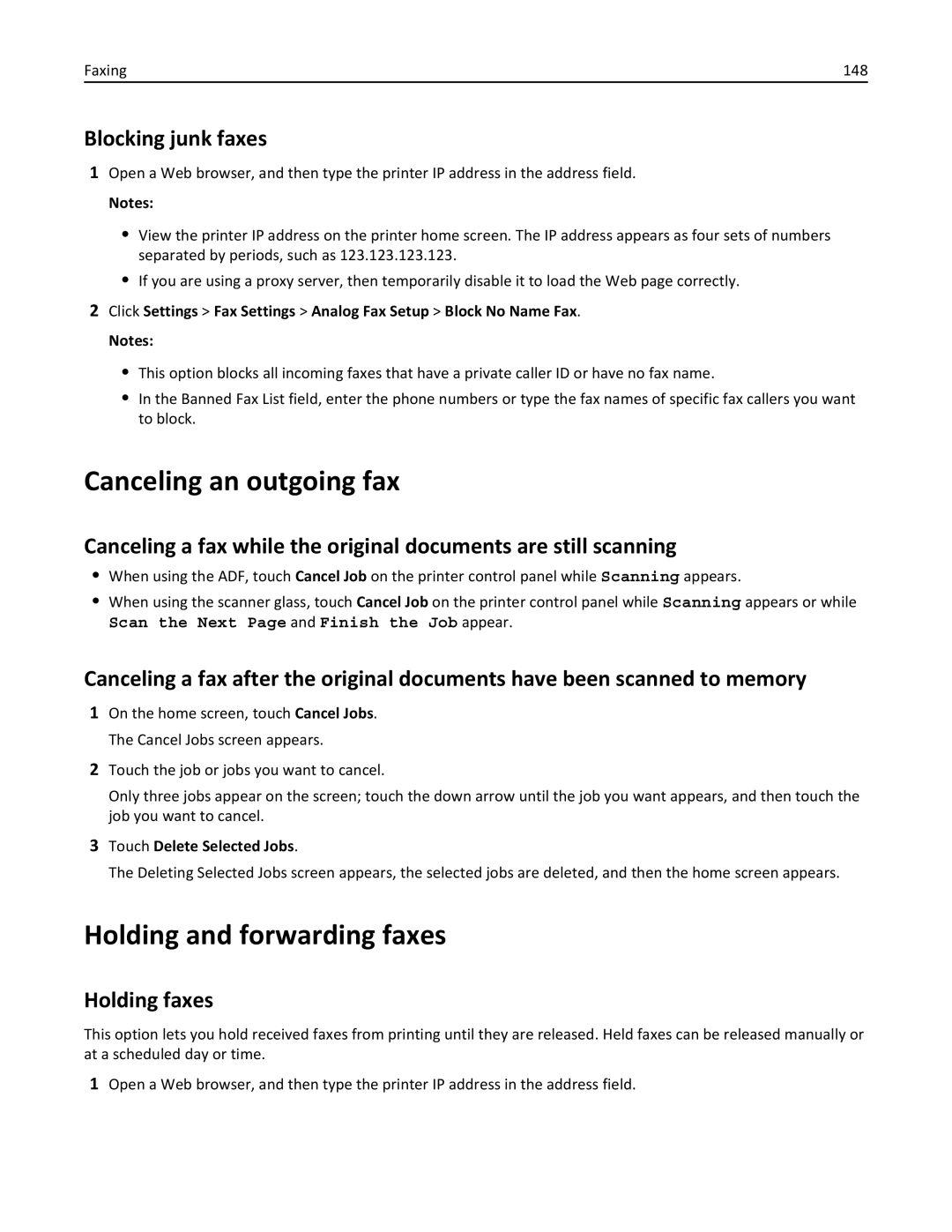 Lexmark 696, 496 Canceling an outgoing fax, Holding and forwarding faxes, Blocking junk faxes, Holding faxes, Faxing 148 