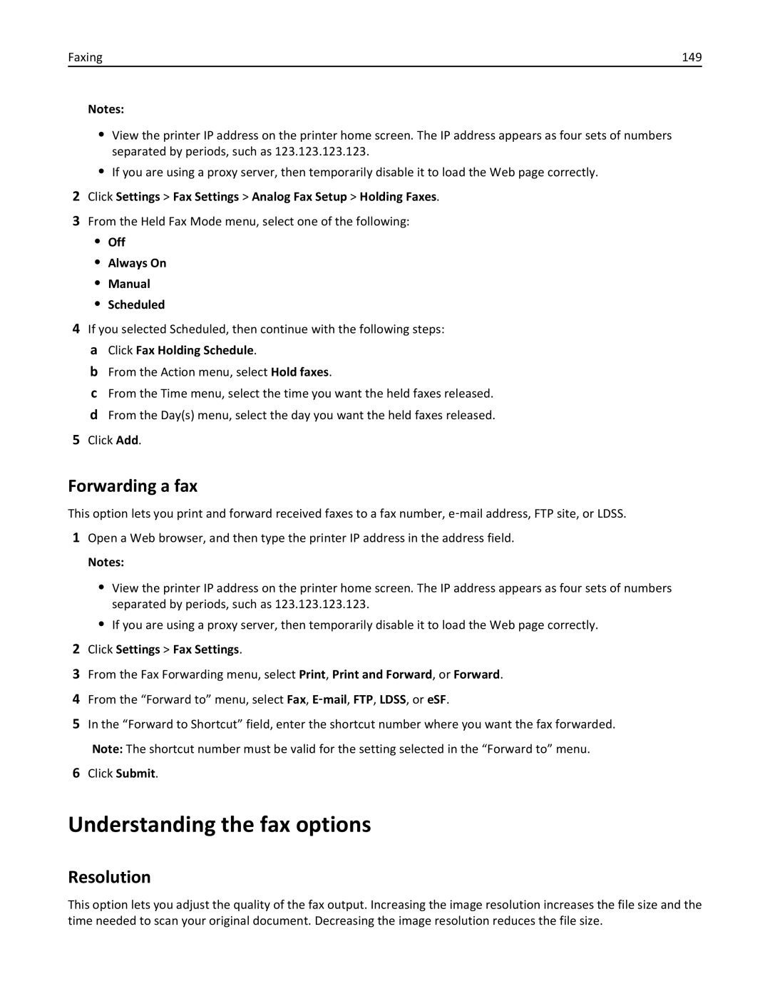 Lexmark 896 Understanding the fax options, Forwarding a fax, Click Settings Fax Settings Analog Fax Setup Holding Faxes 