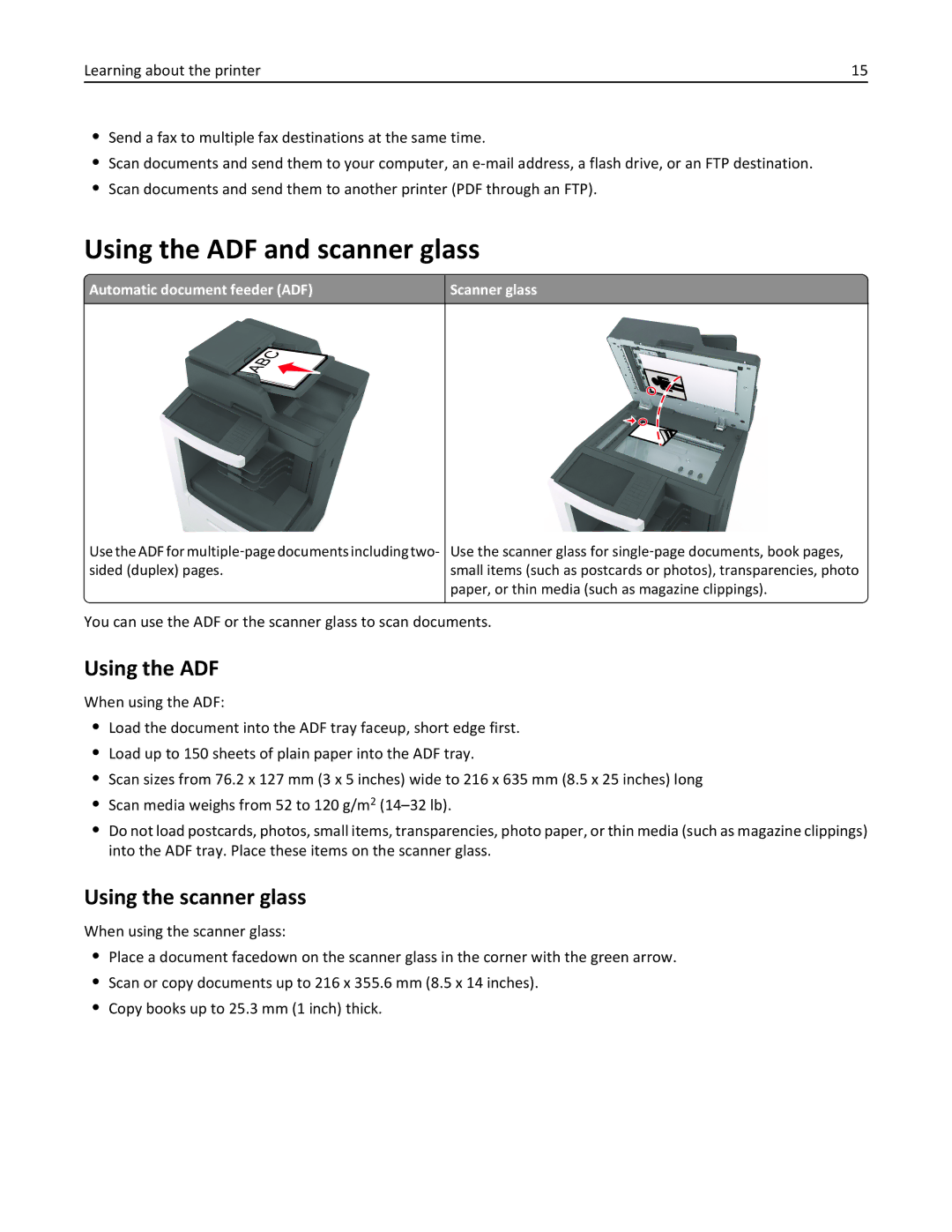 Lexmark 496, 696, 896 Using the ADF and scanner glass, Using the scanner glass, Automatic document feeder ADF Scanner glass 