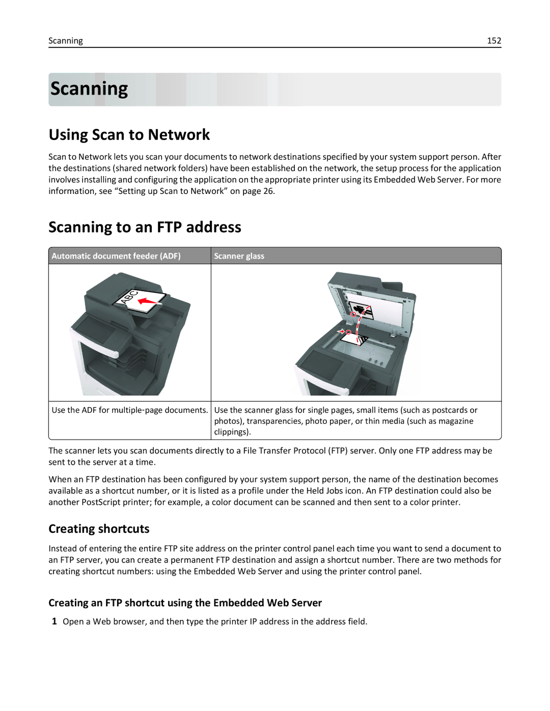 Lexmark 896, 496, 696 manual Using Scan to Network, Scanning to an FTP address, Creating shortcuts 