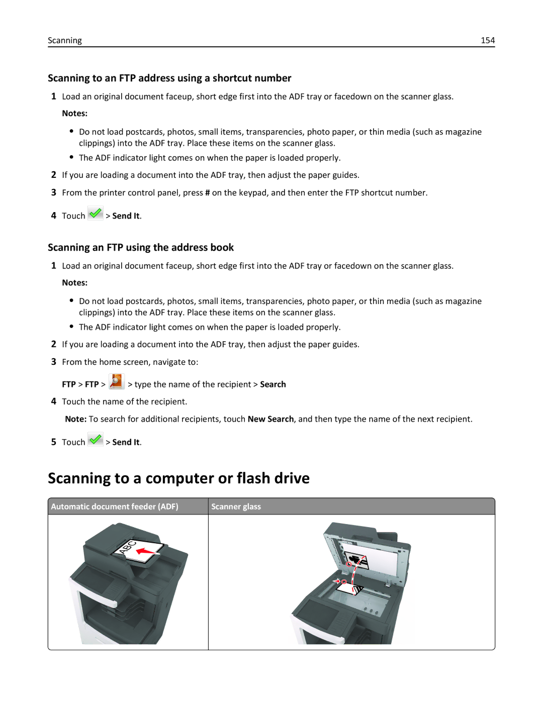 Lexmark 696, 496 Scanning to a computer or flash drive, Scanning to an FTP address using a shortcut number, Scanning 154 