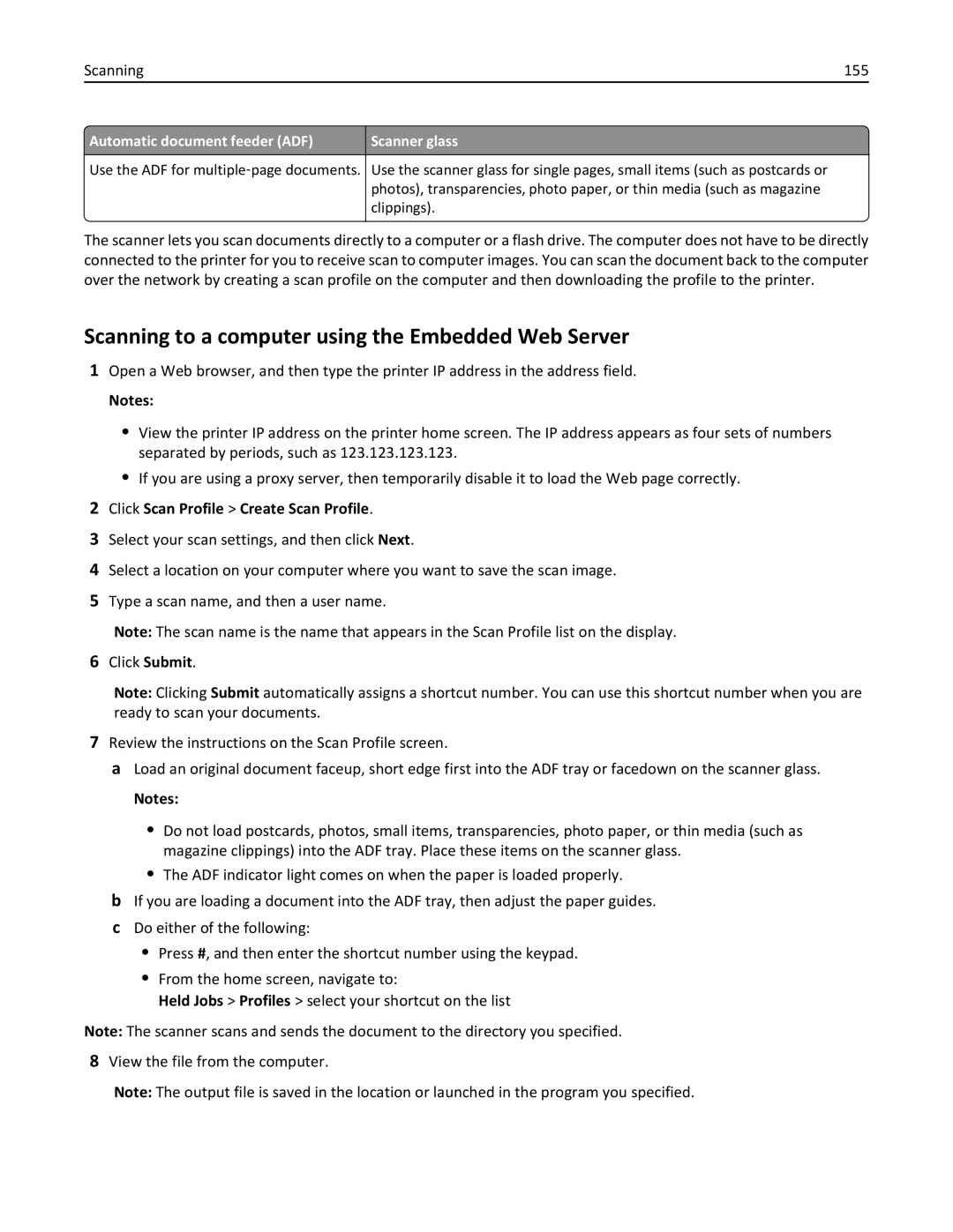 Lexmark 896 Scanning to a computer using the Embedded Web Server, Scanning 155, Click Scan Profile Create Scan Profile 